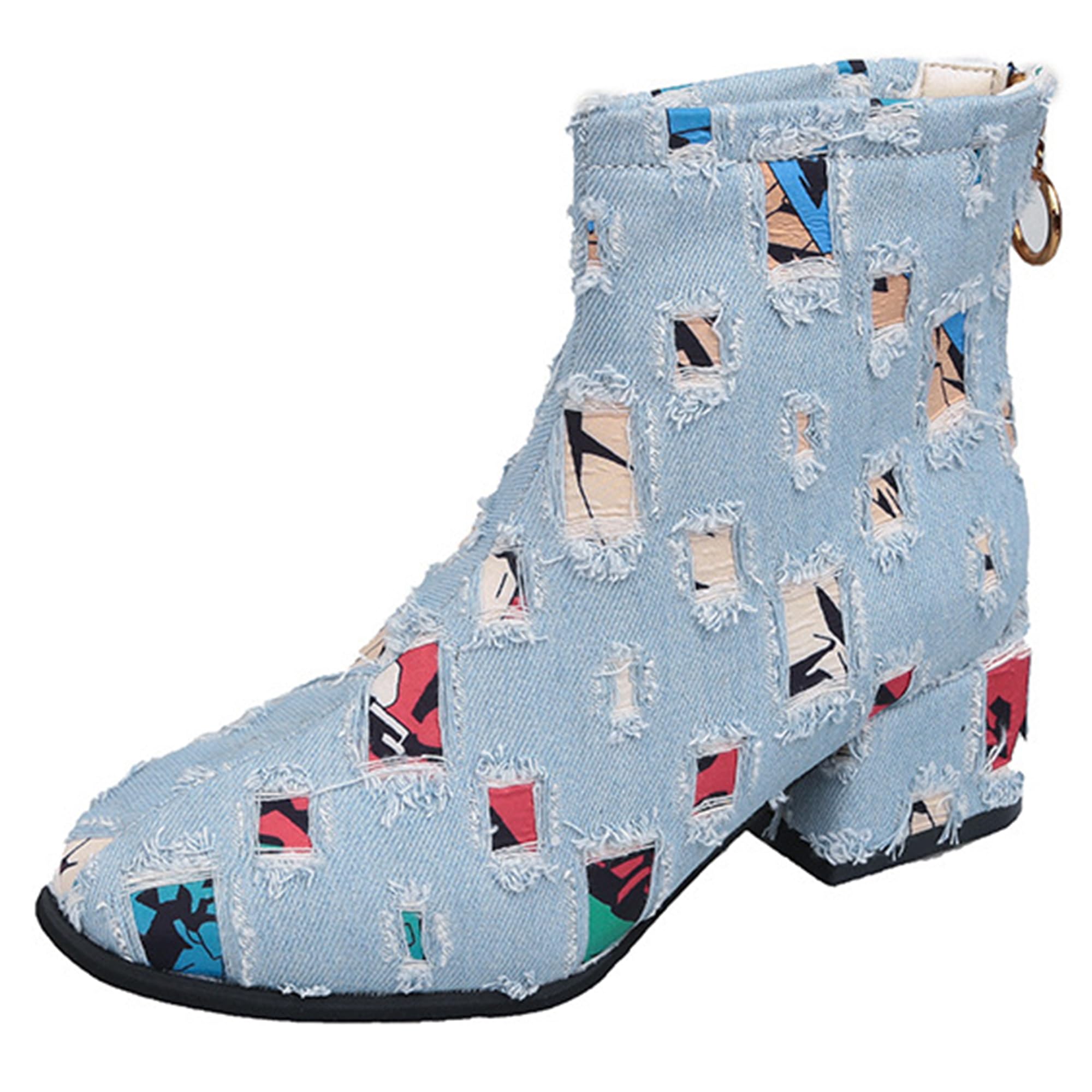 Womens Denim Chunky Heel Ankle Boots With Back Zipper Fashion Round Toe With Block Heel Detailing Casual Short