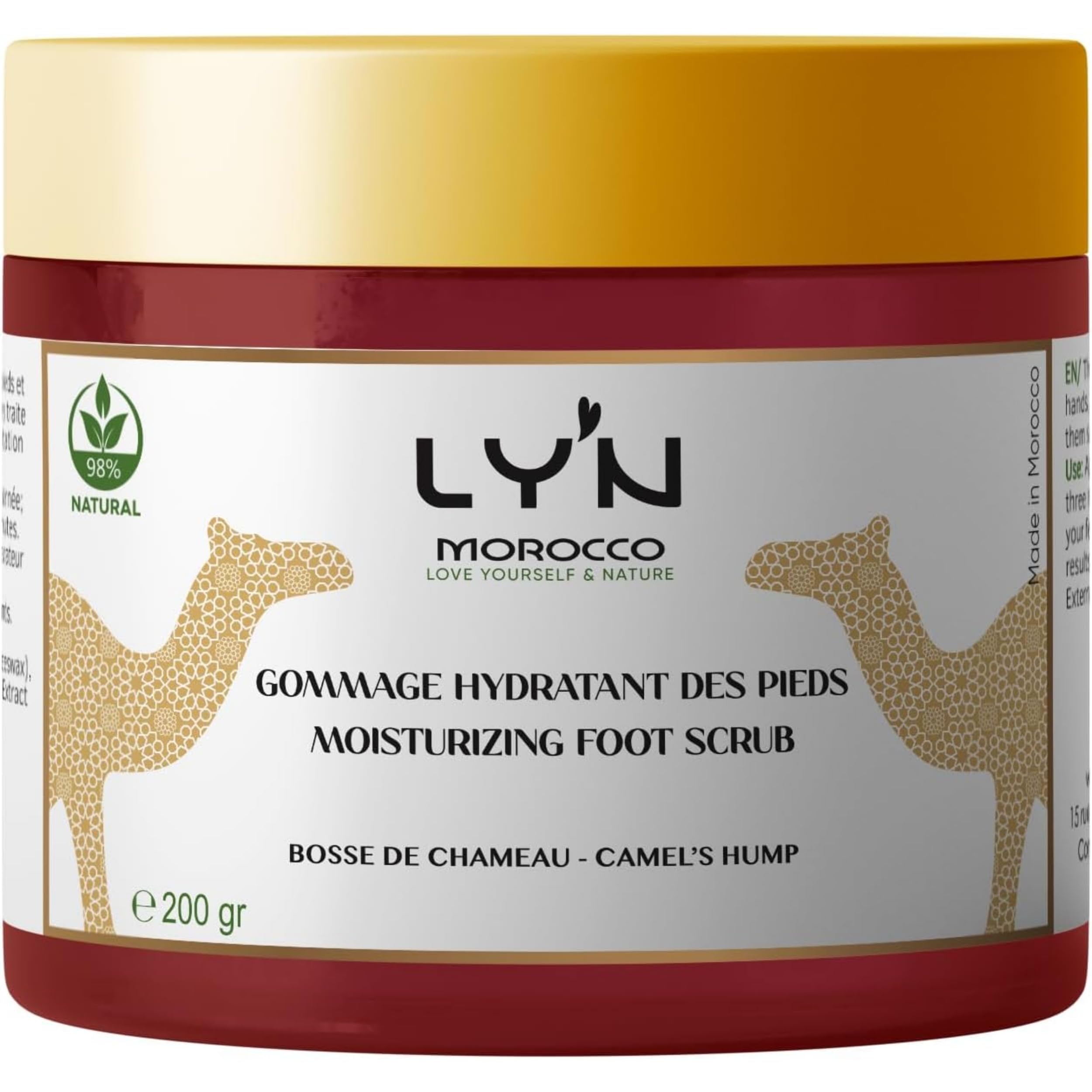 LY'N MOROCCO- Gommage Pieds Exfoliant à la base de Bosse de Chameau et Sel marin - 200 Gr - Peeling Pied - Exfoliant Bio Soin des Pieds - traite la callosité et fissures des pied secs, hydrate les pi