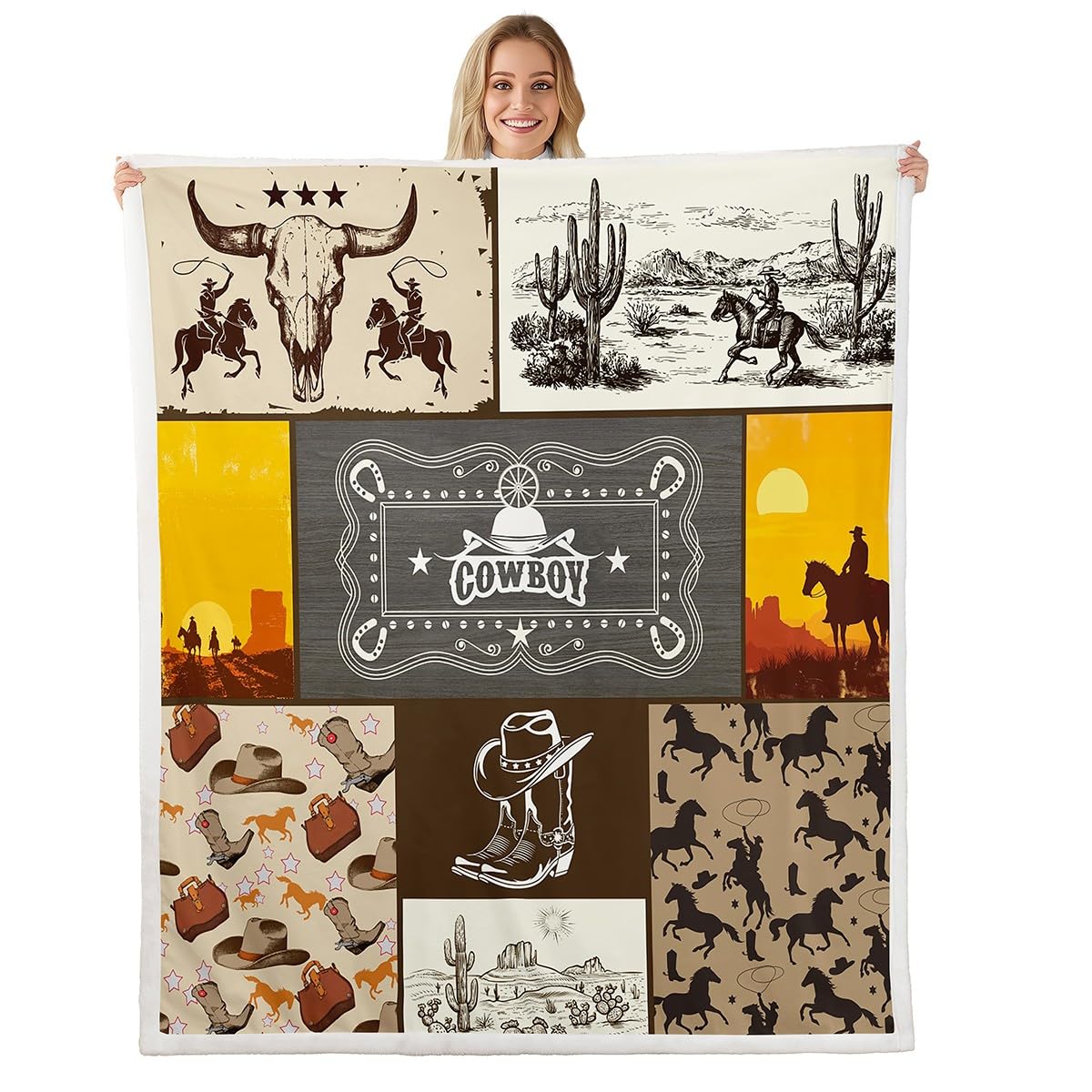 Couverture de cowboy occidentale pour enfants et adultes en polaire marron 101x127 cm