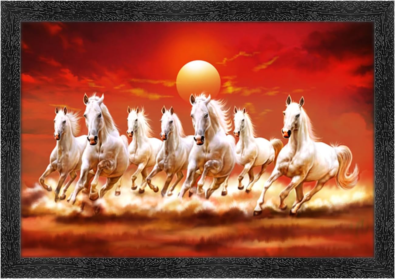 7 Running Horses Vastu Photo Frame, Black, Sparkle Coated Lamination 3064 14 x 20 Inch