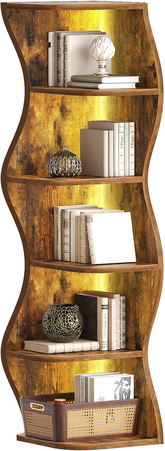 Small Corner Shelf, 6-Tier Corner Bookshelf with LED Light, 59.3” Tall Standing Shelf Organizer, Wooden Stylish Bookcase Storage Rack for Study, Living Room, Bedroom, Rustic Brown CJ30DBR