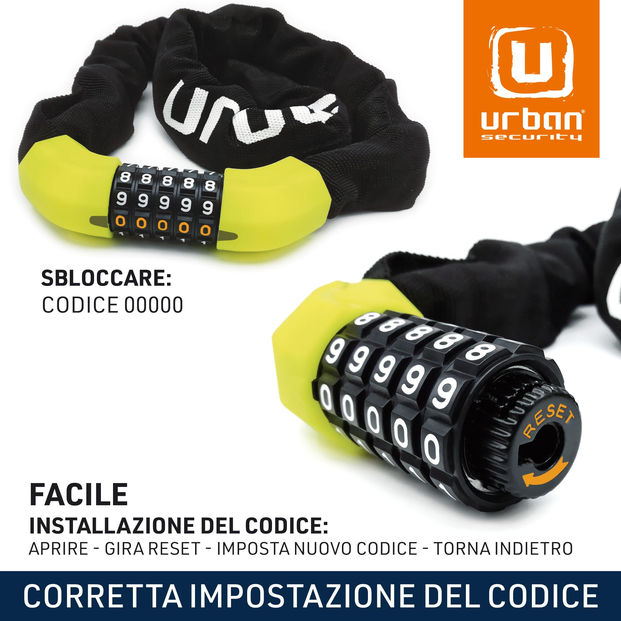 URBAN UR890 Lucchetto Bici, Catena Disuasoria con Codice a 5 Cifre più Sicuro, Maglie in Acciaio ø8mm più Spesse e Resistenti con Rivestimento in Nylon per Bici, Scooter, Monopattino, Antifurto 100cm