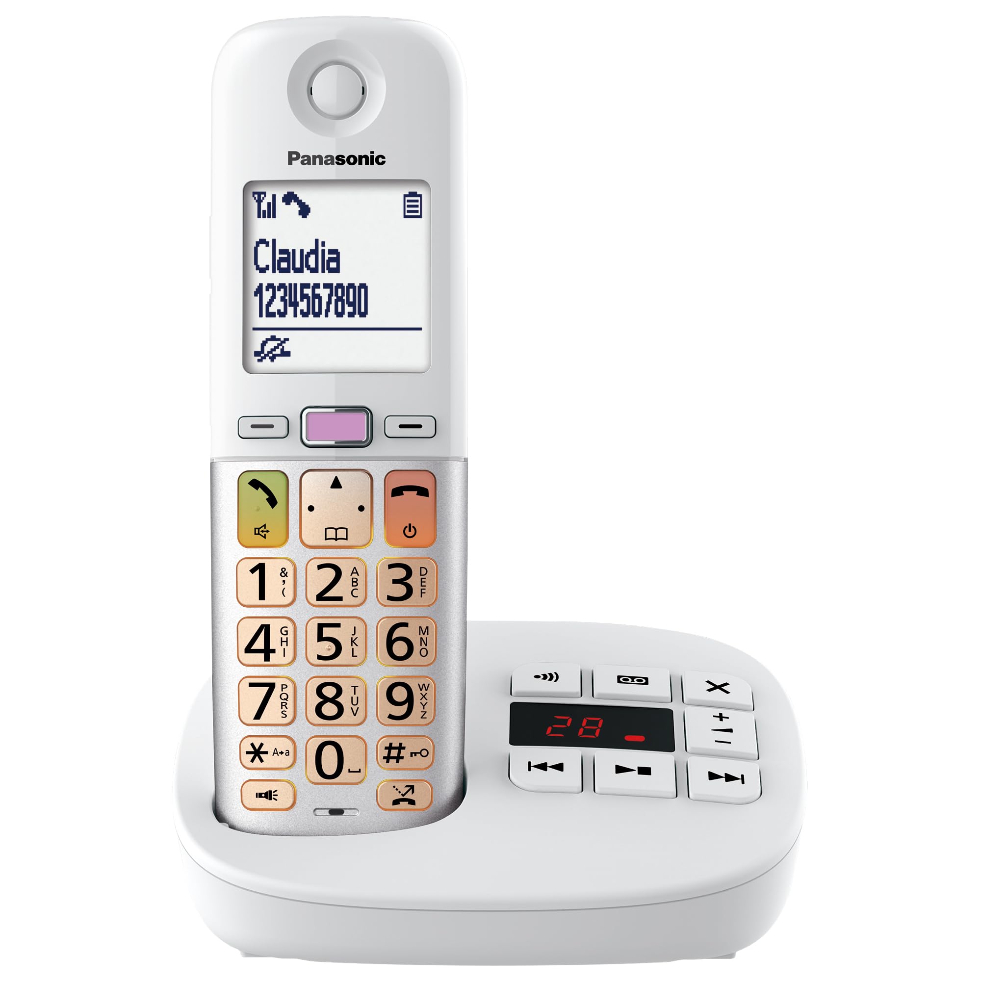 Panasonic KX-TGU432EXW Telefono Cordless Digitale con Segreteria Telefonica, Unità Base e 2 Ricevitori, Display LCD, Fav Call, Torcia, Compatibile con Apparecchi Acustici, Bianco e Argento