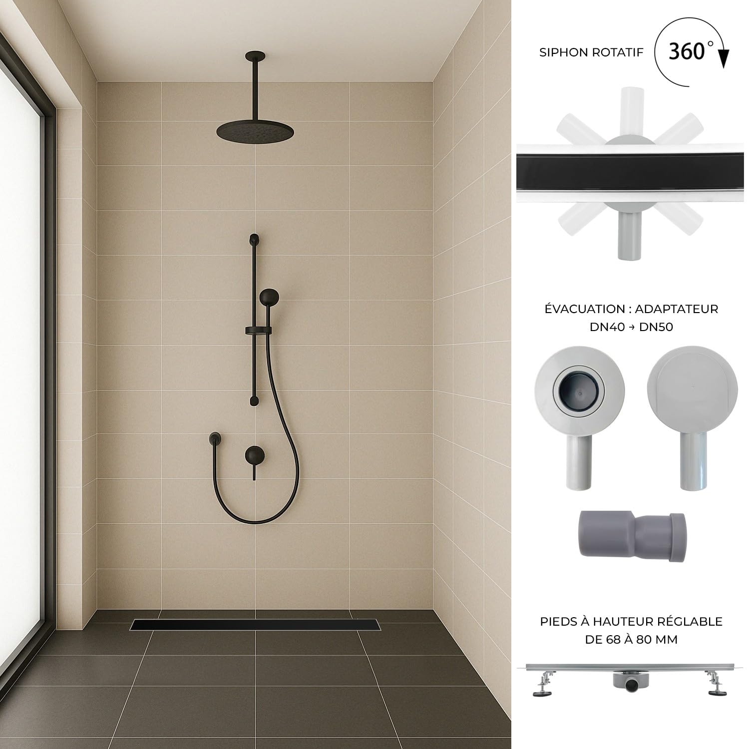 DUKA Caniveau de douche L.80 cm verre noir inox avec siphon 360°, drainage performant