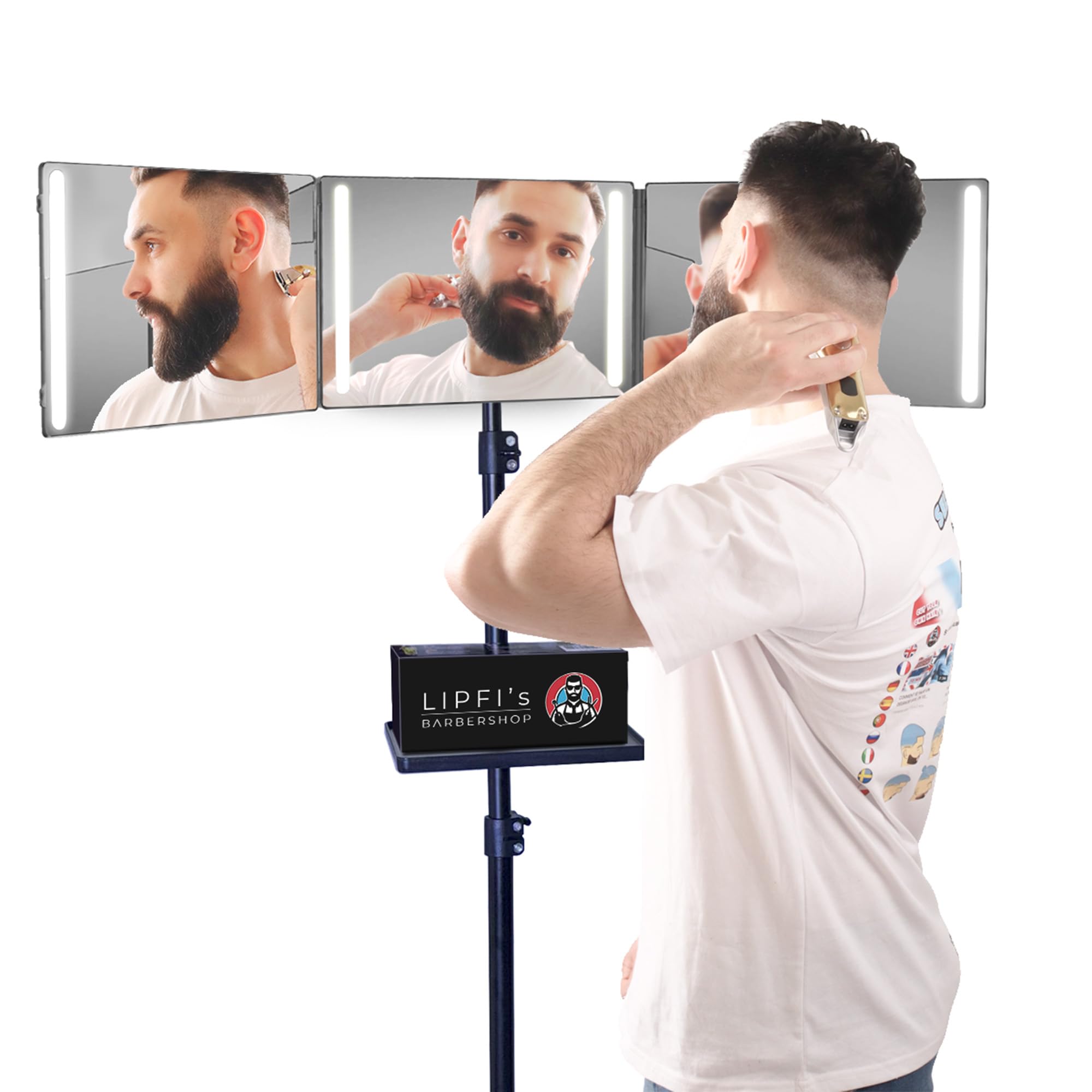 LIPFISBARBERSHOP.com Specchio 360° con Treppiede, Ganci Regolabili e Vassoio: Specchio da Viaggio Portatile a 3 Vie con 4 Luci LED e Ricarica USB-C per Uomo e Donna – Taglio di Capelli Rasatura Trucco