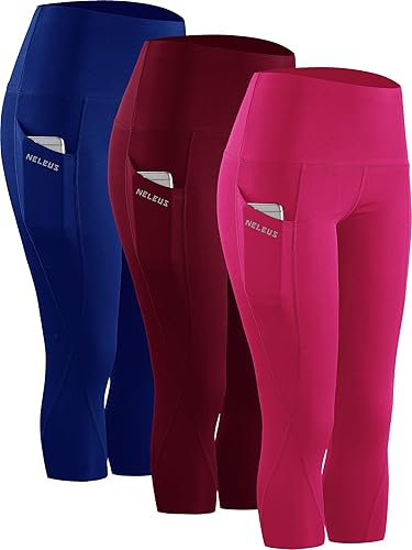 NELEUS - Leggings capri de yoga para mujer, de cintura alta, con control de abdomen, para correr, con bolsillo
