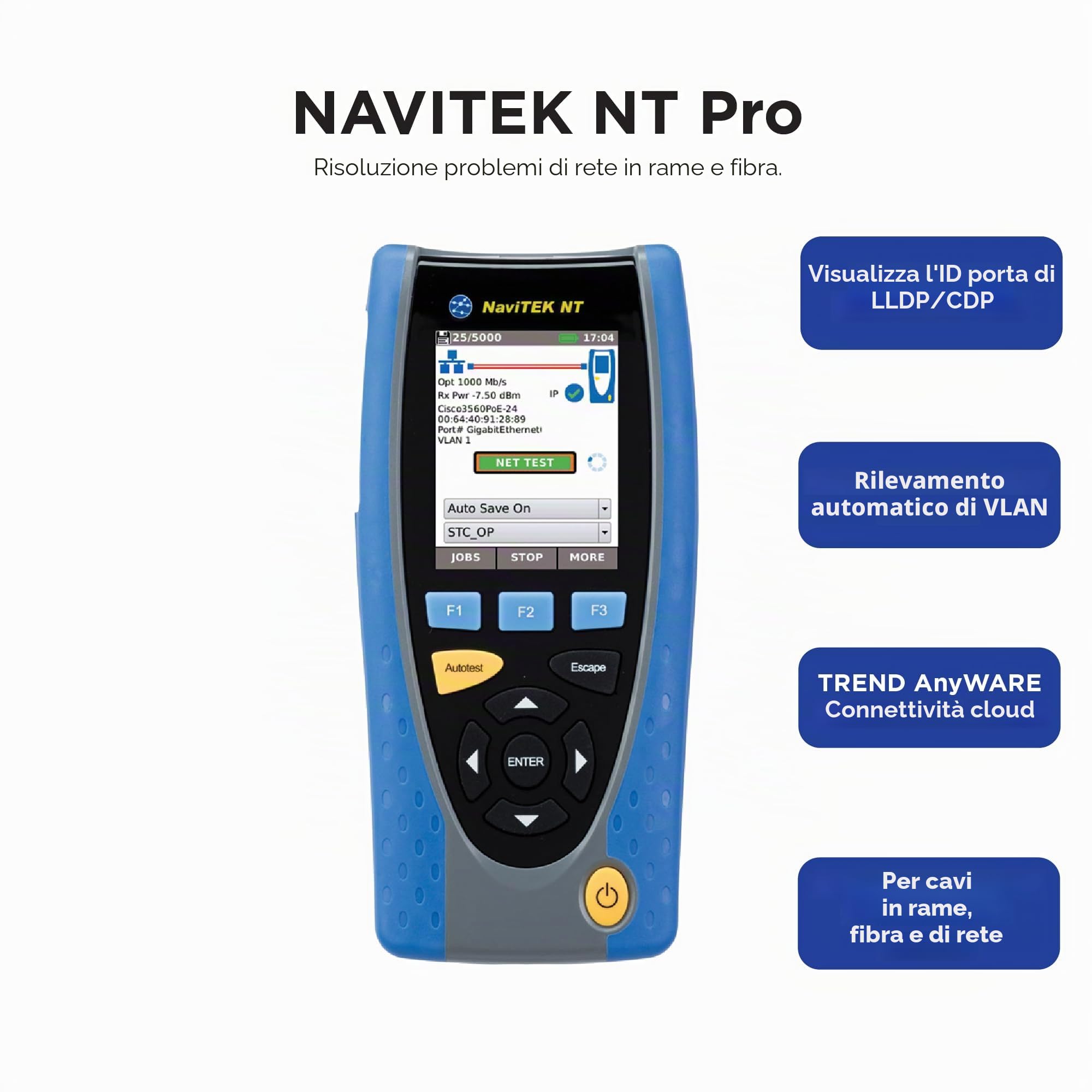 TREND Networks | NAVITEK NT PRO | Schermo tattile per rame e rete in fibra | Include rilevamento del servizio di rete, monitoraggio del traffico e report PDF integrati