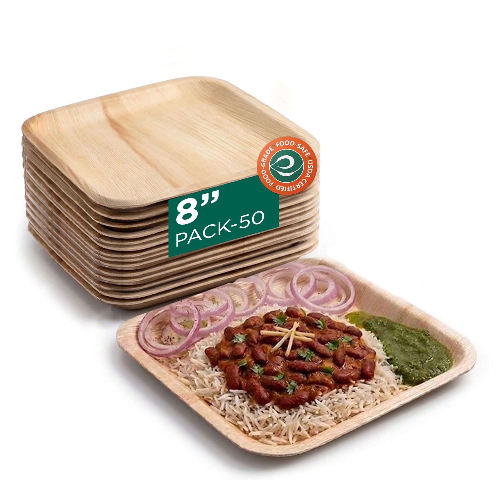 ECO SOUL [8 inch, 50-Pack Areca Palm Leaf Round Plates | Disposable Eco-Friendly Biodegradable Like Bamboo Wood Plates | Party, Wedding, Event Plates (20 cm)