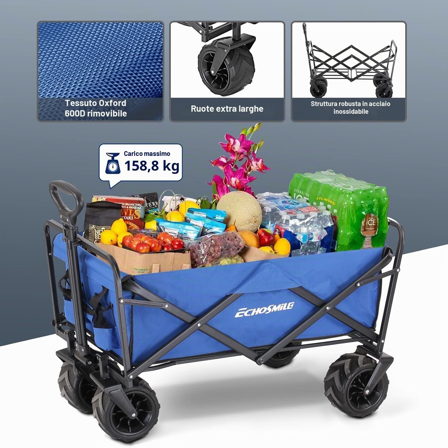 EchoSmile Carrello Con Ruote Portatutto, Carrello Pieghevole Capacità 160 KG, Ruote Grandi, Braccioli Regolabili, Carrello da Giardino Campeggio Spesa