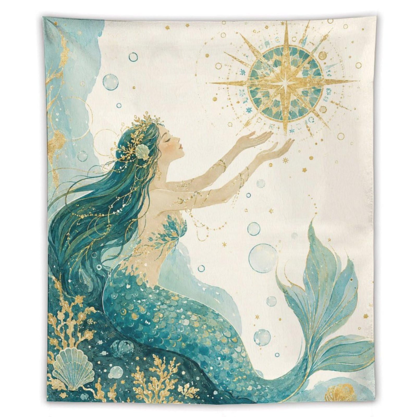 H3B8U2Y5 Mermaid with Golden Sun Wall Tapestry, Watercolor, Ocean Magic