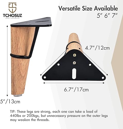 Miniatura 8 de Juego de 4 patas de madera maciza para muebles de 7 pulgadas  7.1 in, de madera maciza de mediados de siglo, con forma de triángulo de metal, patas