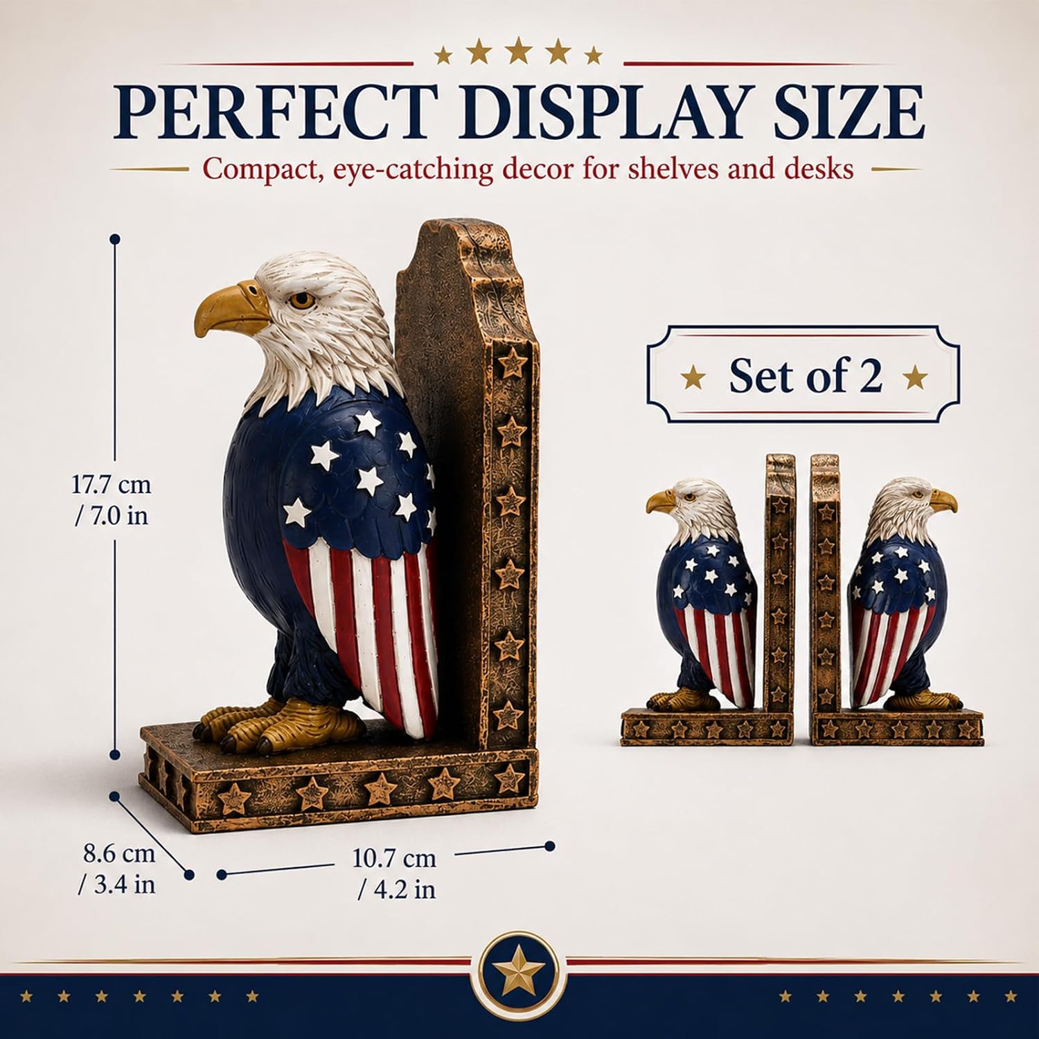 Eagle Decorative Bookend for Shelves - 1 Pairs Heavy Book Ends,Resin Patriotic Decorations Creative Book Stopper Holder Decor for Desk Home Office,Unique Eagle Gifts