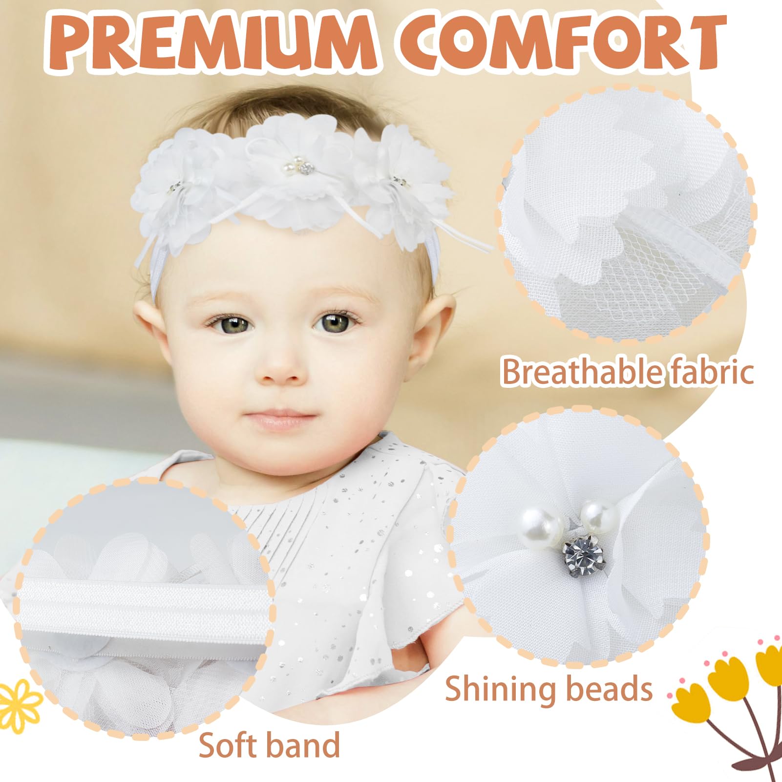 Fmeida Baby Headband for Girls Newborn Infant Hair Accessories Flower Crown - White - Image 3