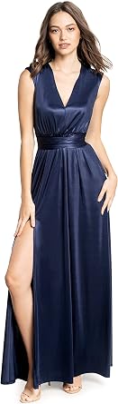 DRESS THE POPULATION Womens Krista V Neck Tie Waist Coated Jersey Slit Front Maxi Dress