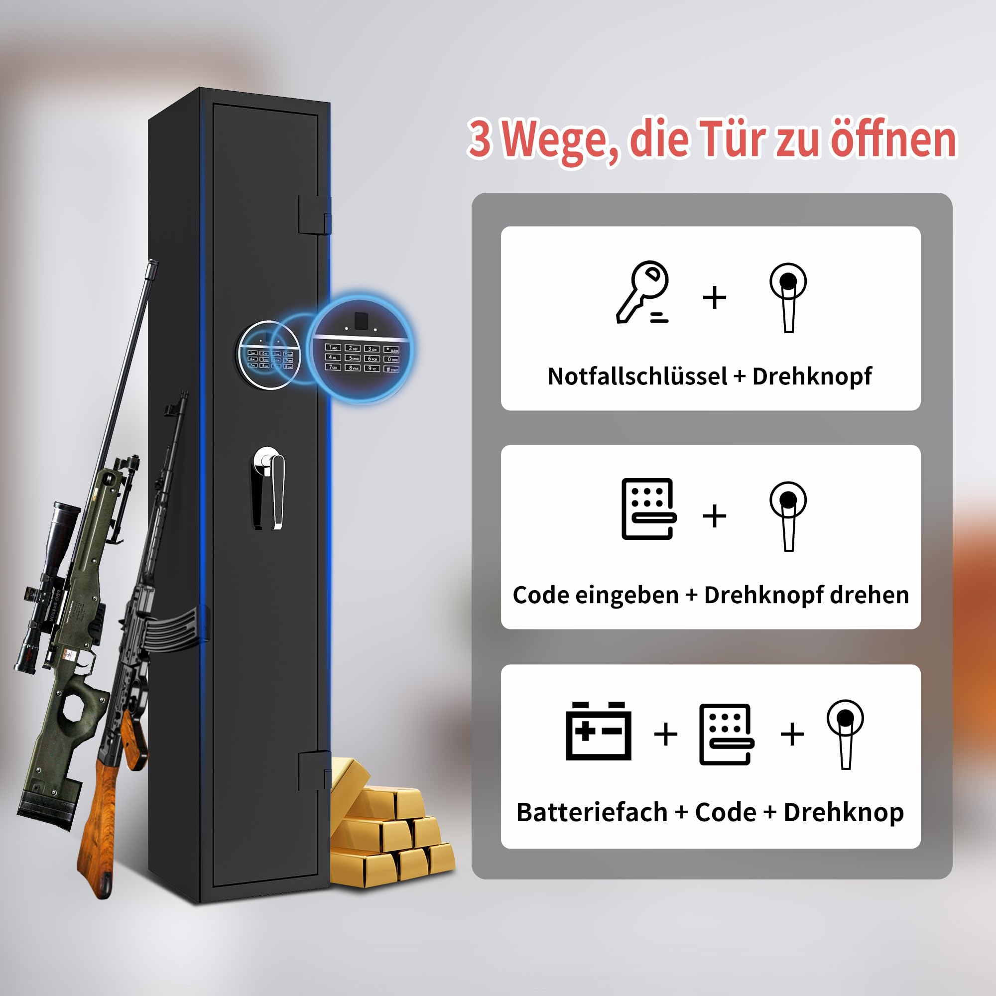 IKIMI Stahlblech Waffenschrank mit Elektronikschloss Einstellbar Munitionsschrank für 3 Gewehre und Pistolen,Metall Waffentresor Robust Langwaffenschränke für Langwaffen & Kurzwaffen