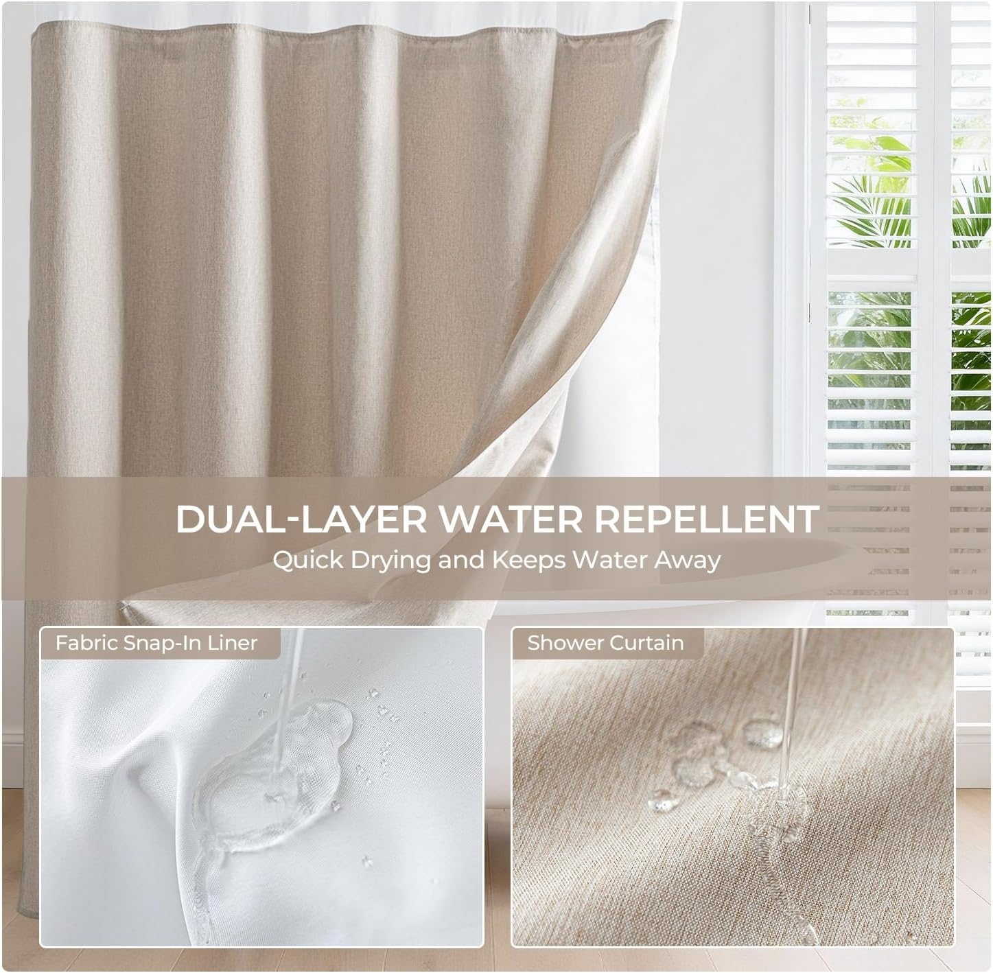 River Dream Linen Textured No Hook Shower Curtain with Snap-in Liner, Farmhouse Quick Dry Fabric Shower Curtain for Bathroom, Rustic Bathroom Set,Water-Repellent,Linen,71Wx74L