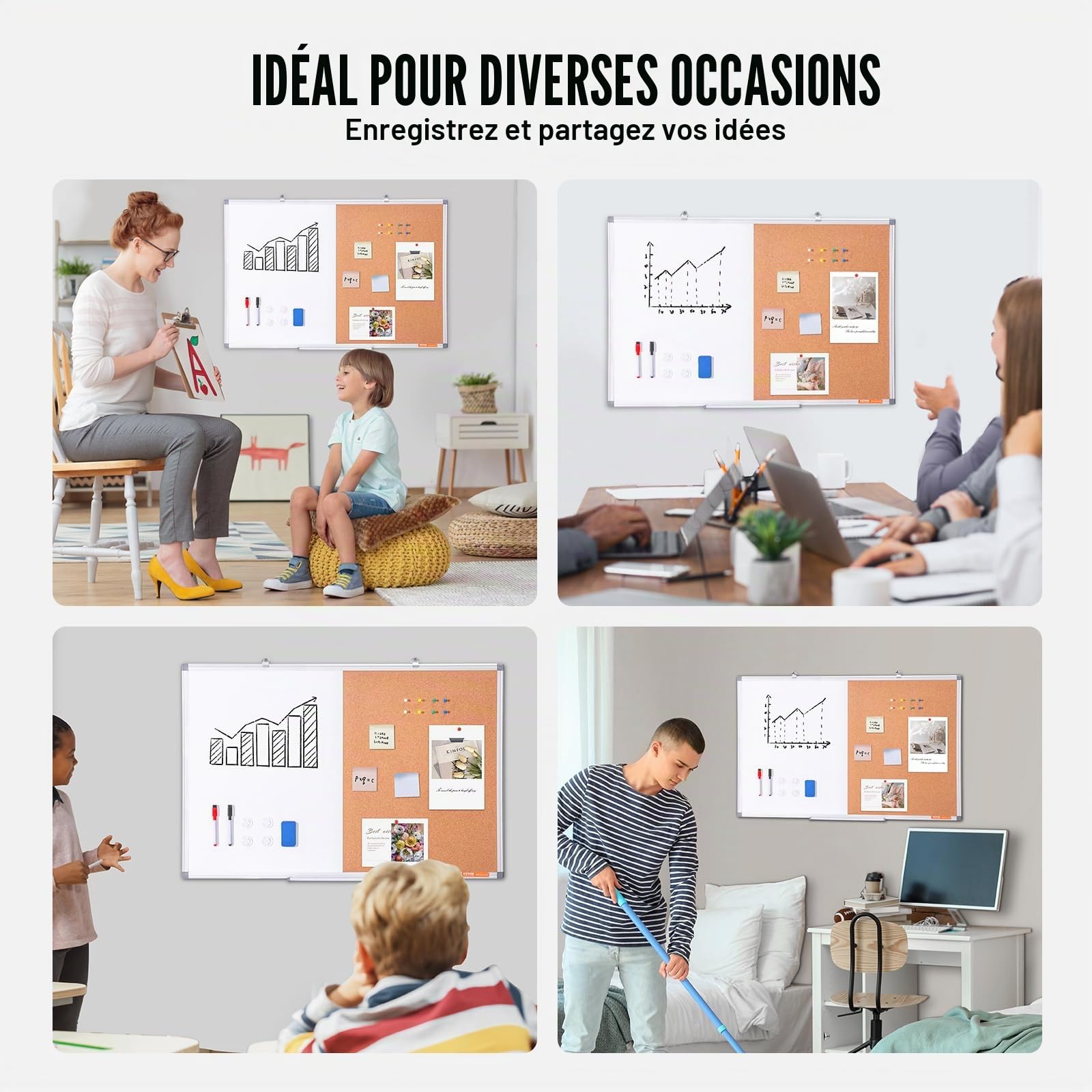 VEVOR Combo Tableau Blanc et Tableau en Liège 90x60 cm, Tableau d'Affichage Magnétique Effaçable à Sec, avec Cadre en Aluminium, Montage Mural, pour Épingler Mémo Notes Photos Bureau Maison École