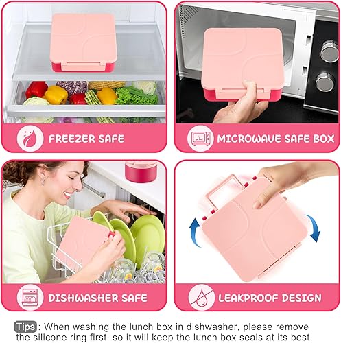 Miniatura 4 de MAXSO Lonchera Bento para niños con termo de sopa de 8 onzas, contenedor de comida caliente a prueba de fugas con 4 compartimentos, tarro de