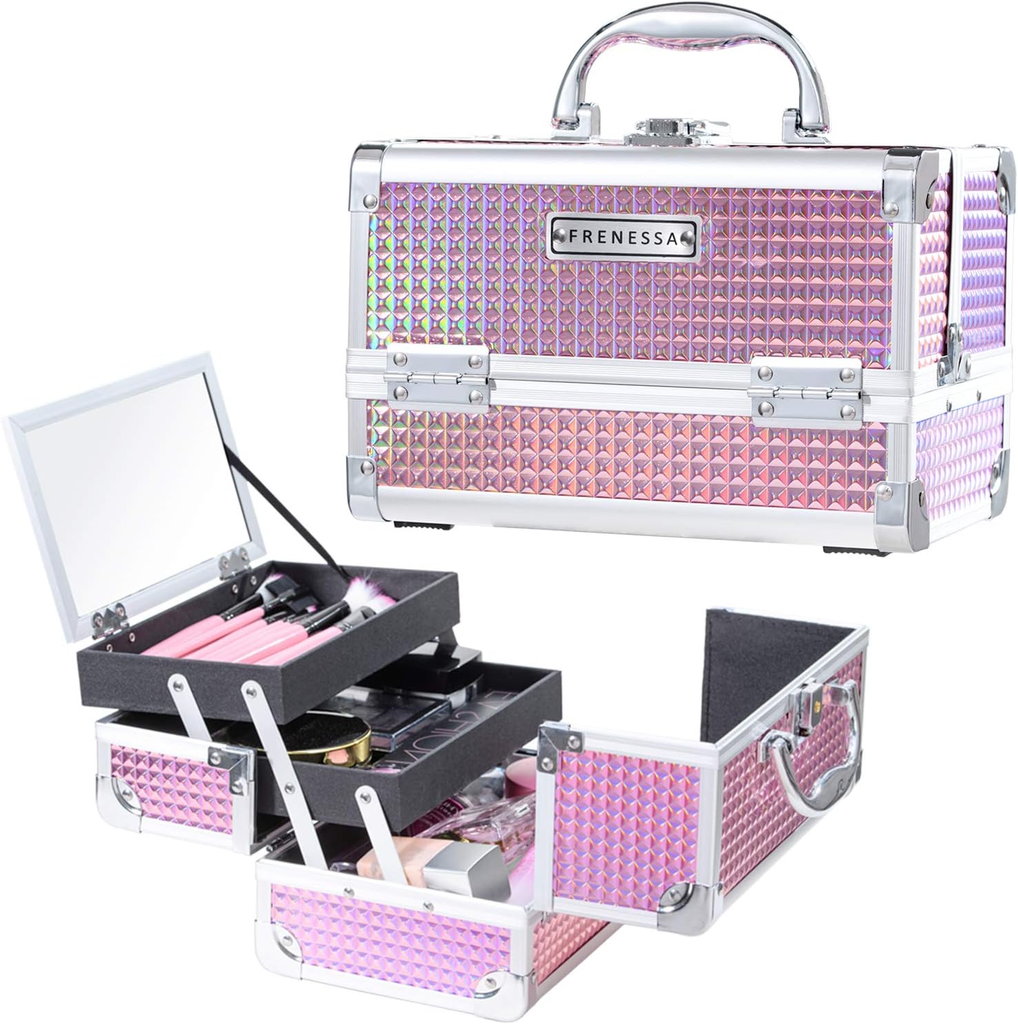 Frenessa Makeup Train Case Cosmetic Organizer Box Lockable with Keys and Mirror 2-Tier Tray Portable Carrying with Handle Travel Storage - Pink