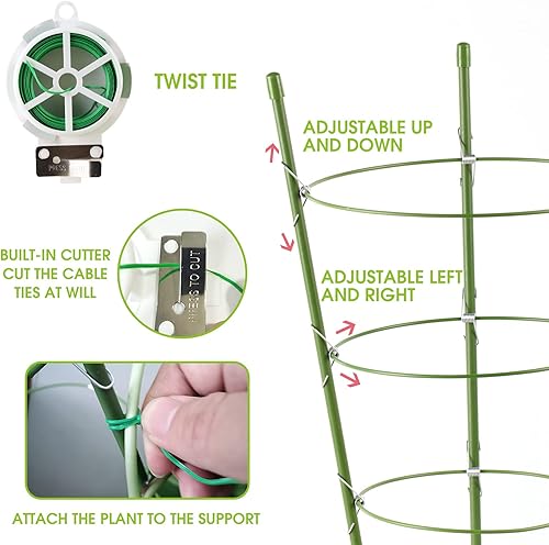 Miniatura 4 de JCKHXG Paquete de 4 jaulas de tomate, jaulas de soporte de plantas de 18 pulgadas para jardín, estacas de plantas de jardín mejoradas con anillos