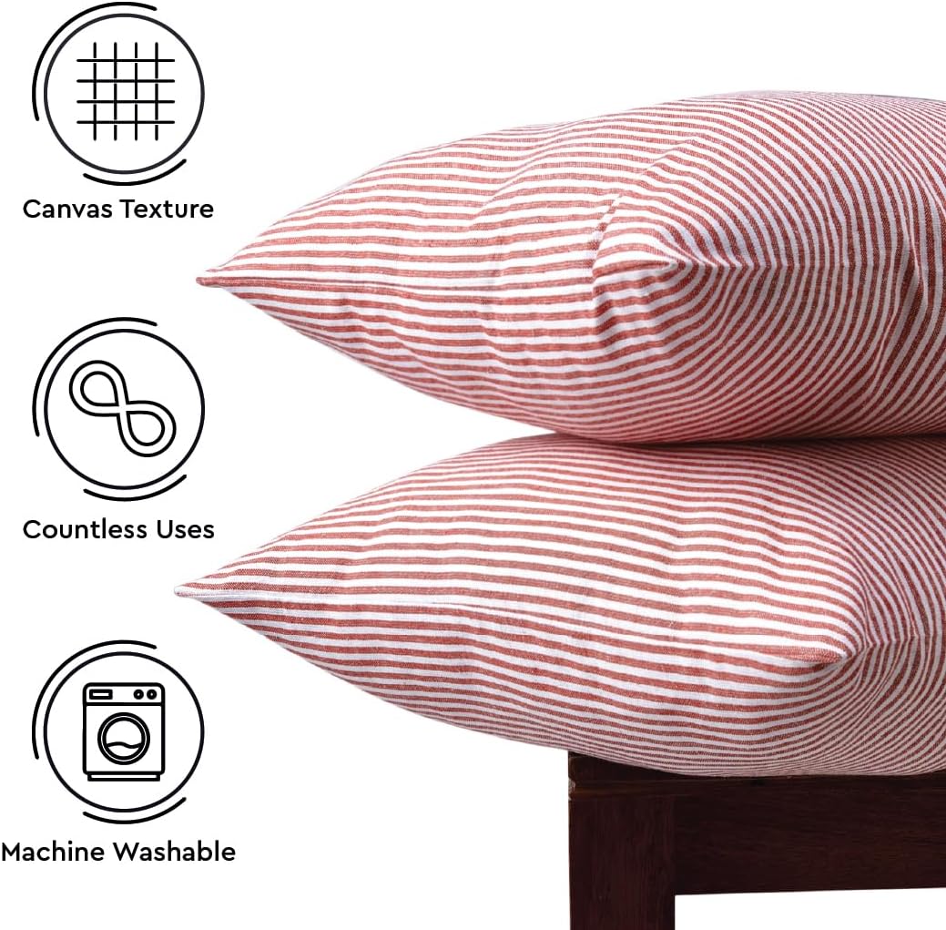 Encasa XO Farmhouse Throw Pillow Covers Set of 2 (20x20 in) Ticking Red | Decorative Cushion Covers No Inserts | Plaid and Stripes Pillow Covers for Living Room, Couch - Image 4