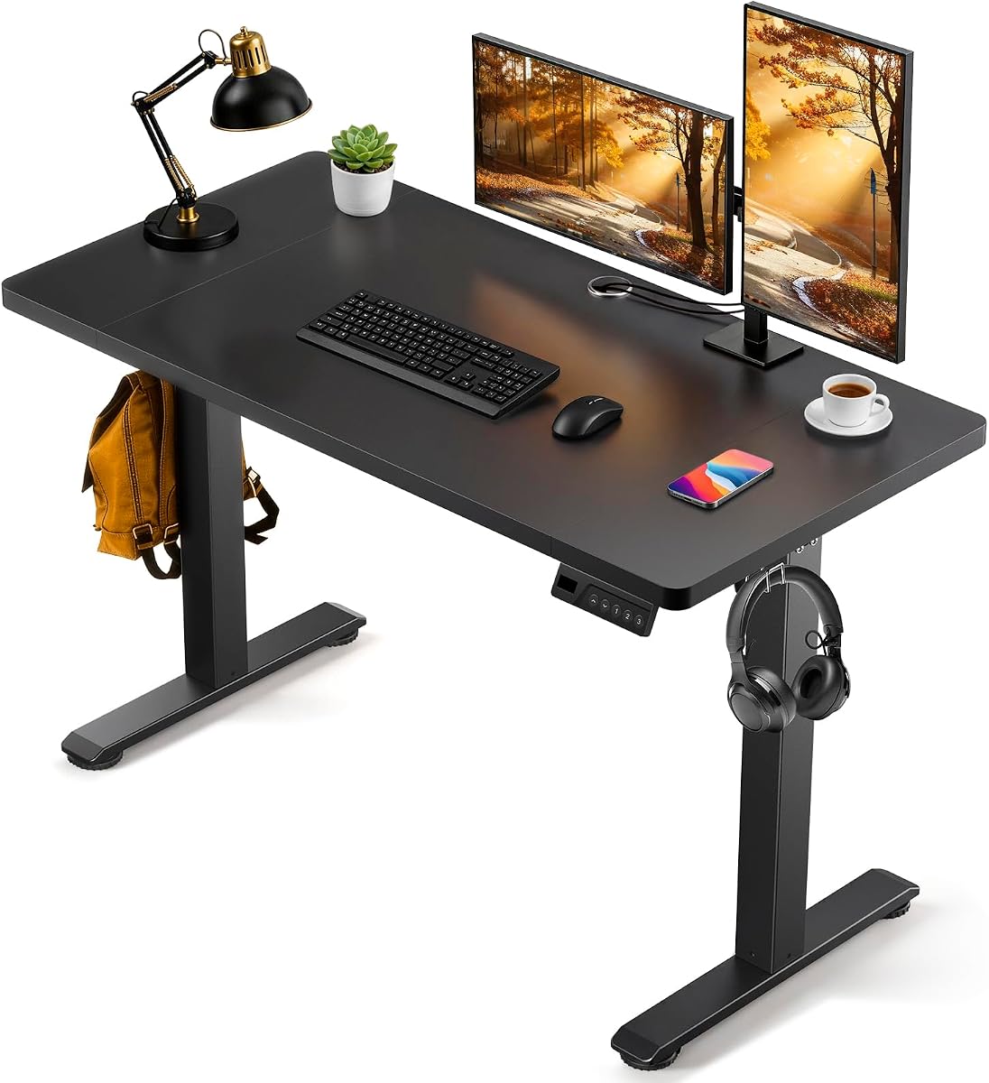 Standing Desk, 48 x 24 Inches Electric Height Adjustable Desk, Sit Stand up Desk, Memory Computer Home Office Gaming Desk with 3 Preset Heights, Wood Table Cable Management Box, Black
