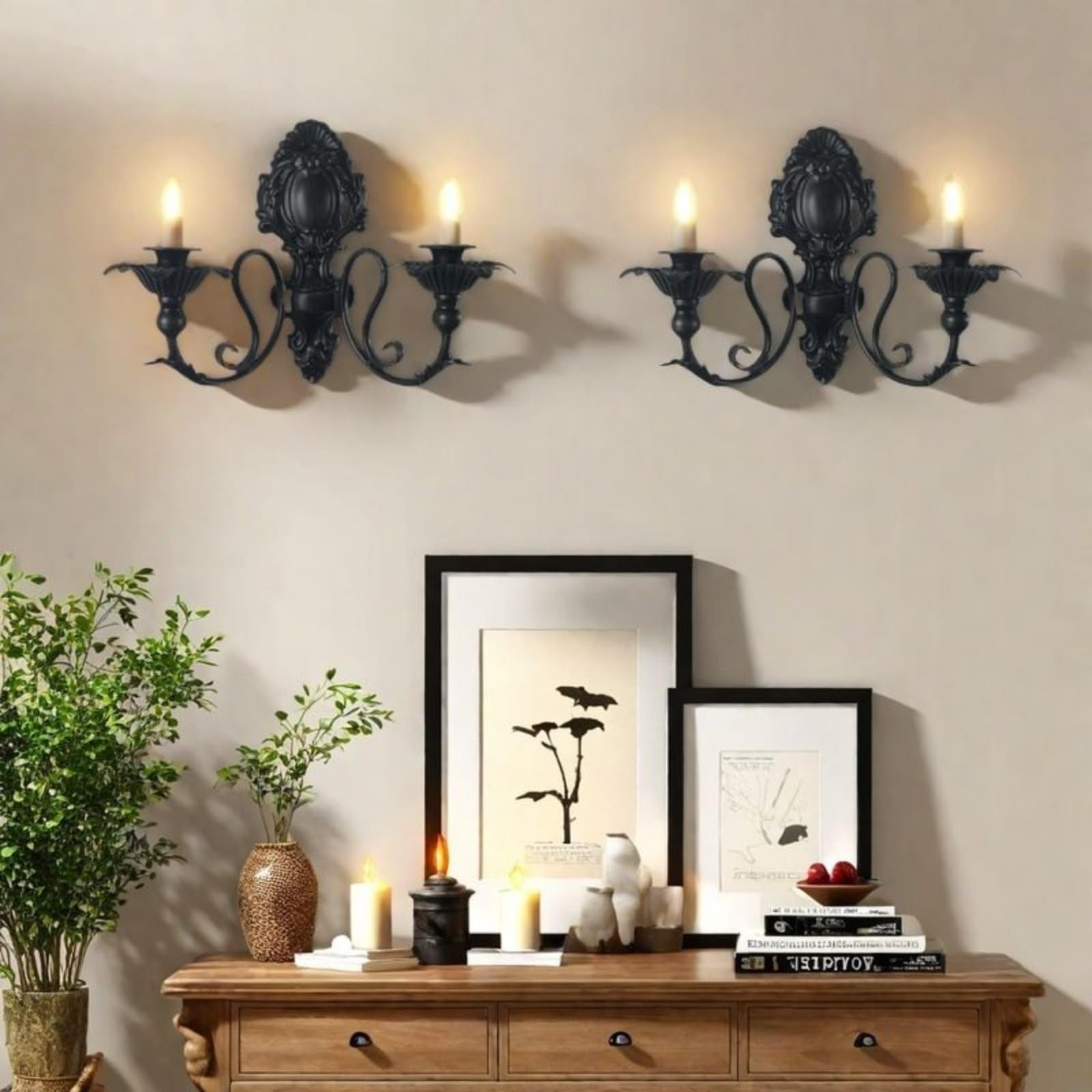 Portavelas Pared Hierro con corativa Diseño Clásico Europeo y Placa Trasera Tallada con Brazo Curvo y Acabado Envejecido Negro y Dorado Acuado para, 28cm X 35cm