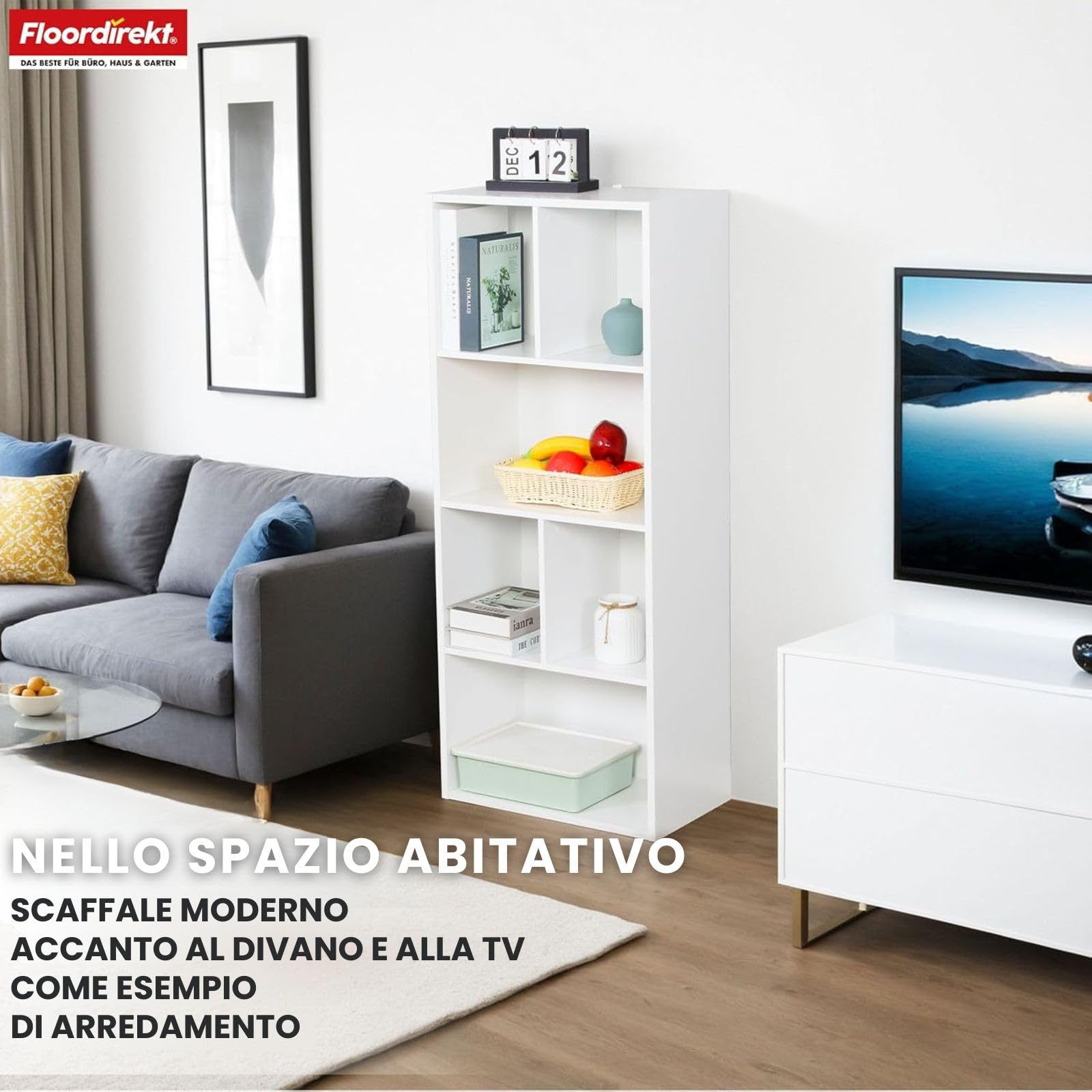 Floordirekt Libreria, scaffale bianco con 6 scomparti, 29 x 50 x 121 H, divisorio per cameretta dei bambini, soggiorno, ufficio e camera da letto (California)
