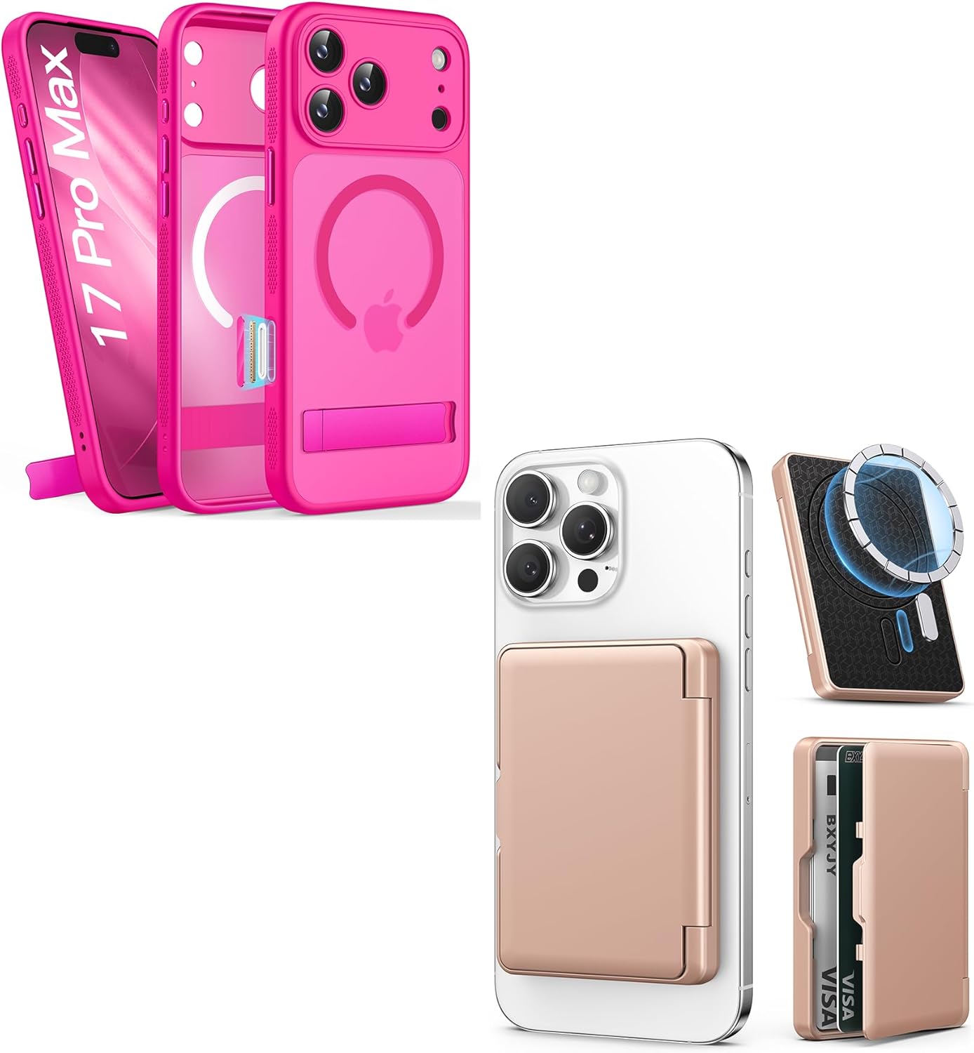 for iPhone 17 Pro Max Magnetic Stand Case with Gold Magnetic Wallet, Camera Control Button, Full Lens Protection, Compatible with MagSafe, Military Grade Case for iPhone 17 Pro Max, Hot Pink