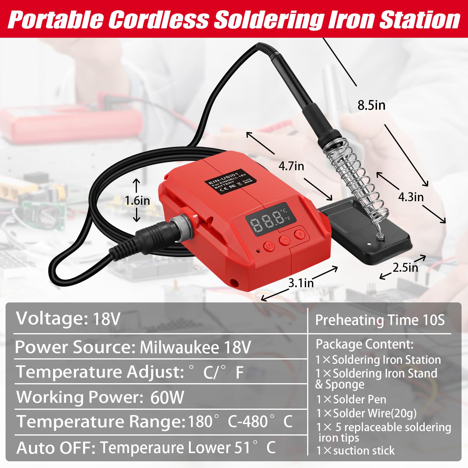 Fer à souder sans fil 30W pour batterie Milwaukee 18V, Kit de pistolet à souder à alimentation automatique avec 5 pointes de soudure (sans batterie