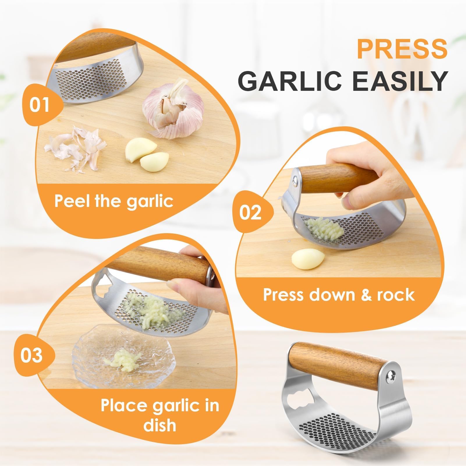 Spremiaglio In Acciaio Inox Con Manico Legno - Pressa Per Aglio, Multifunzione Con Apribottiglie - Foto 5