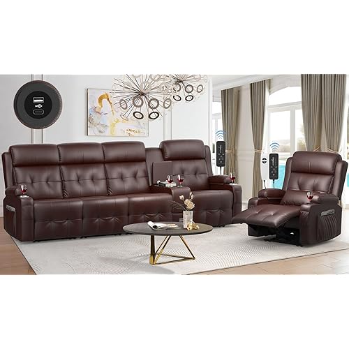 Recliner Sofa, 4 Seater Massage Reclining Loveseat Sofa Sets, 1 Single Power Recliner Chairs Heat & Massage, Heavy Weight Capacity, RV Clearance Love Seat Couch with Console, USB, Type C Port