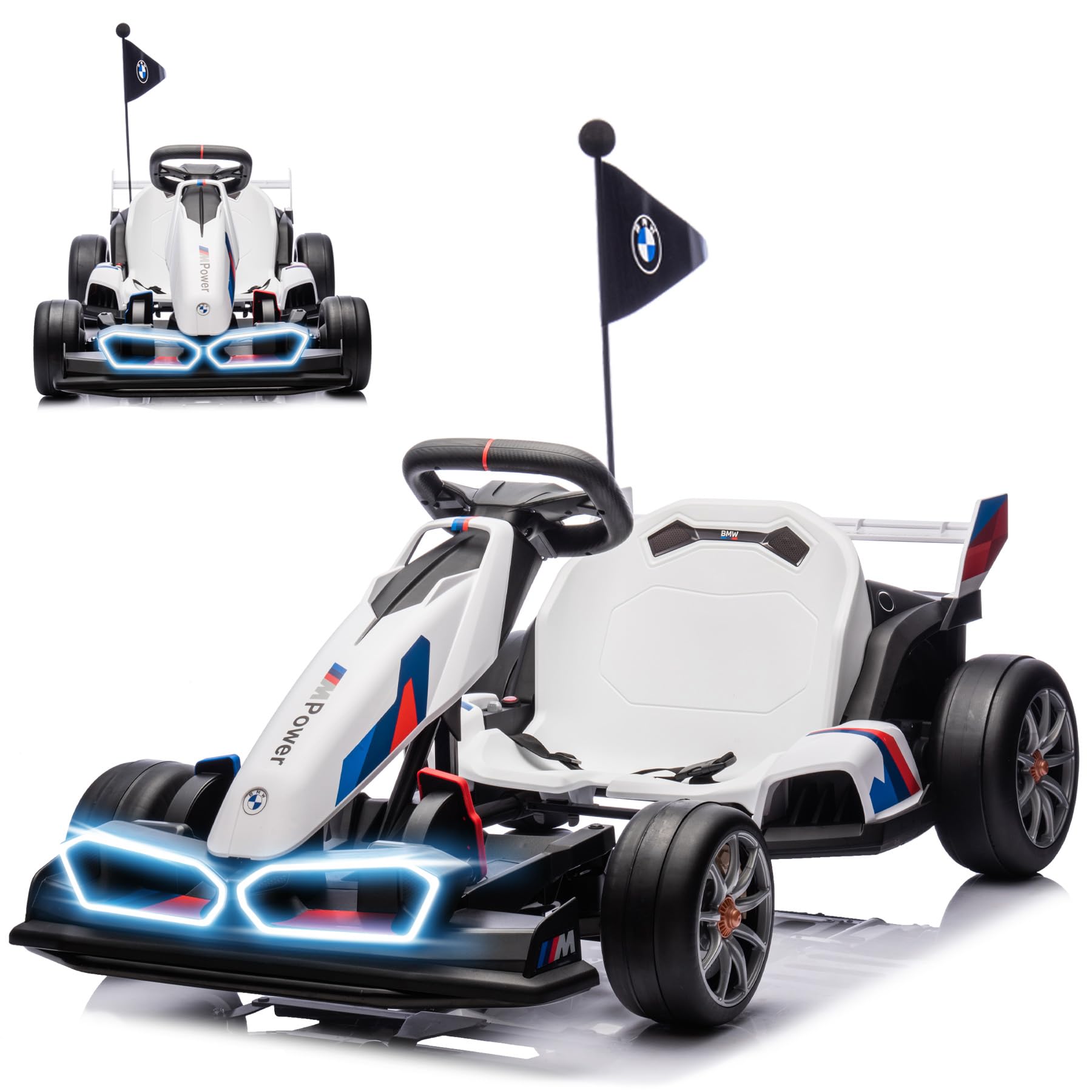HyperMoto 36V Electric Go Kart for Kids, Licensed BMW Battery Powered Drift Racing Go Kart, 7.5 MPH Drift Kart with Dual 300W Powerful Motor, Kids Race Pedal Go Karting Car w/Adjustable Speed, White
