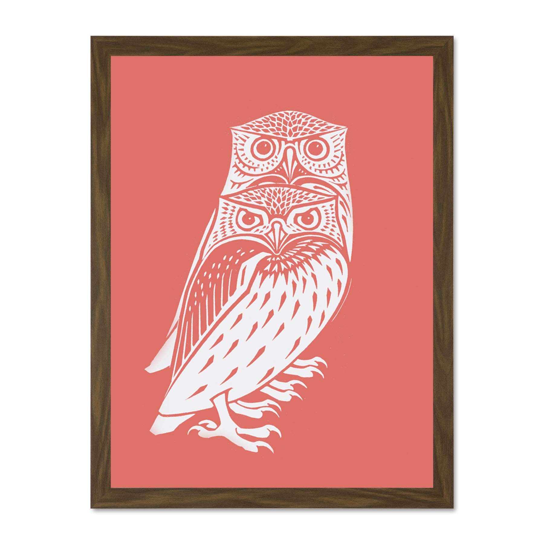 Wee Blue Coo Living Coral Owls Julie De Graag Large Brown Framed Art Print Wall Poster 18x24 inch
