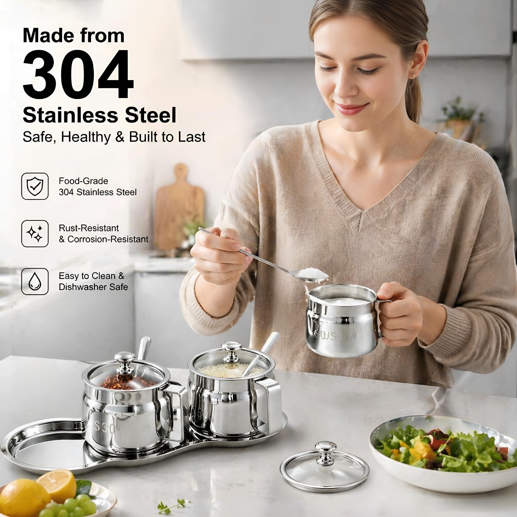 Juego de 3 tarros de especias de acero inoxidable 304, para condimentos con tapas transparentes, cucharas y bandeja, recipientes para condimentos aptos para alimentos para sal, azúcar, pimienta()