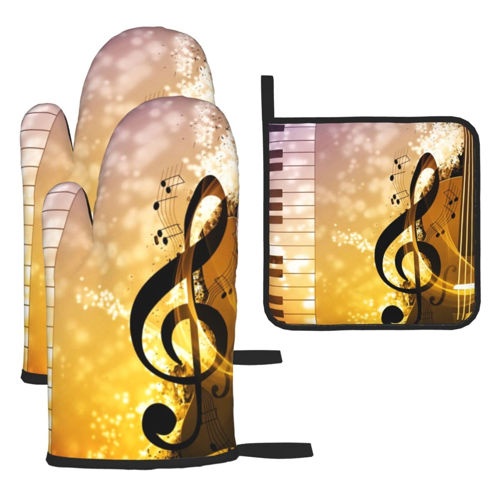Piano Violin Music Notes Print Oven Set Kitchen Gloves Baking Grilling Microwaving Cooking Gift Everyday Holiday