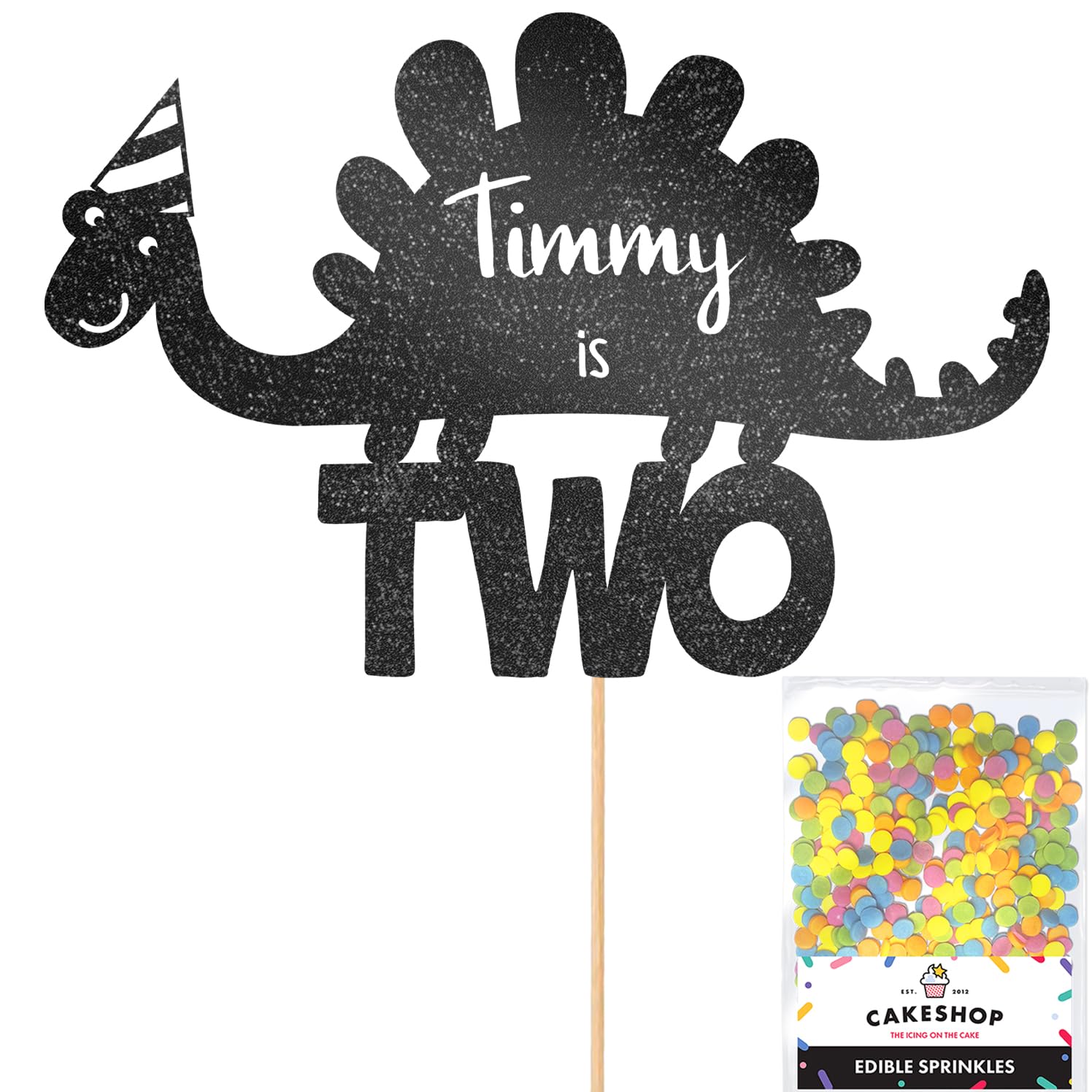Personalised Birthday Dinosaur Glitter Cake Topper- Black Any Name & Age Glitter Cake Decoration and Sprinkles - Happy Birthday Decorations - Personalised Toppers for Cakes by Cakeshop