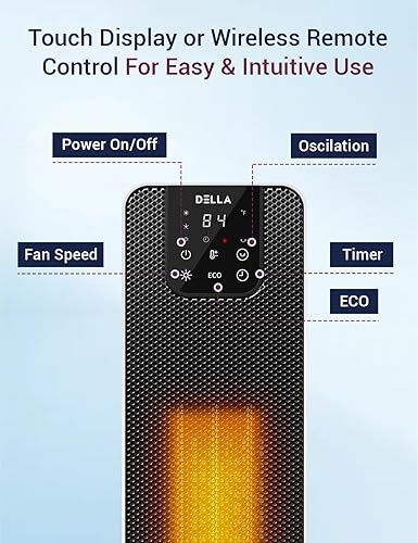 Miniatura 4 de DELLA Calentador de espacio rápido PTC de 1500 W de 18.3 pulgadas con control remoto, termostato y temporizador, 3 modos, ecológico, LED, ventilador