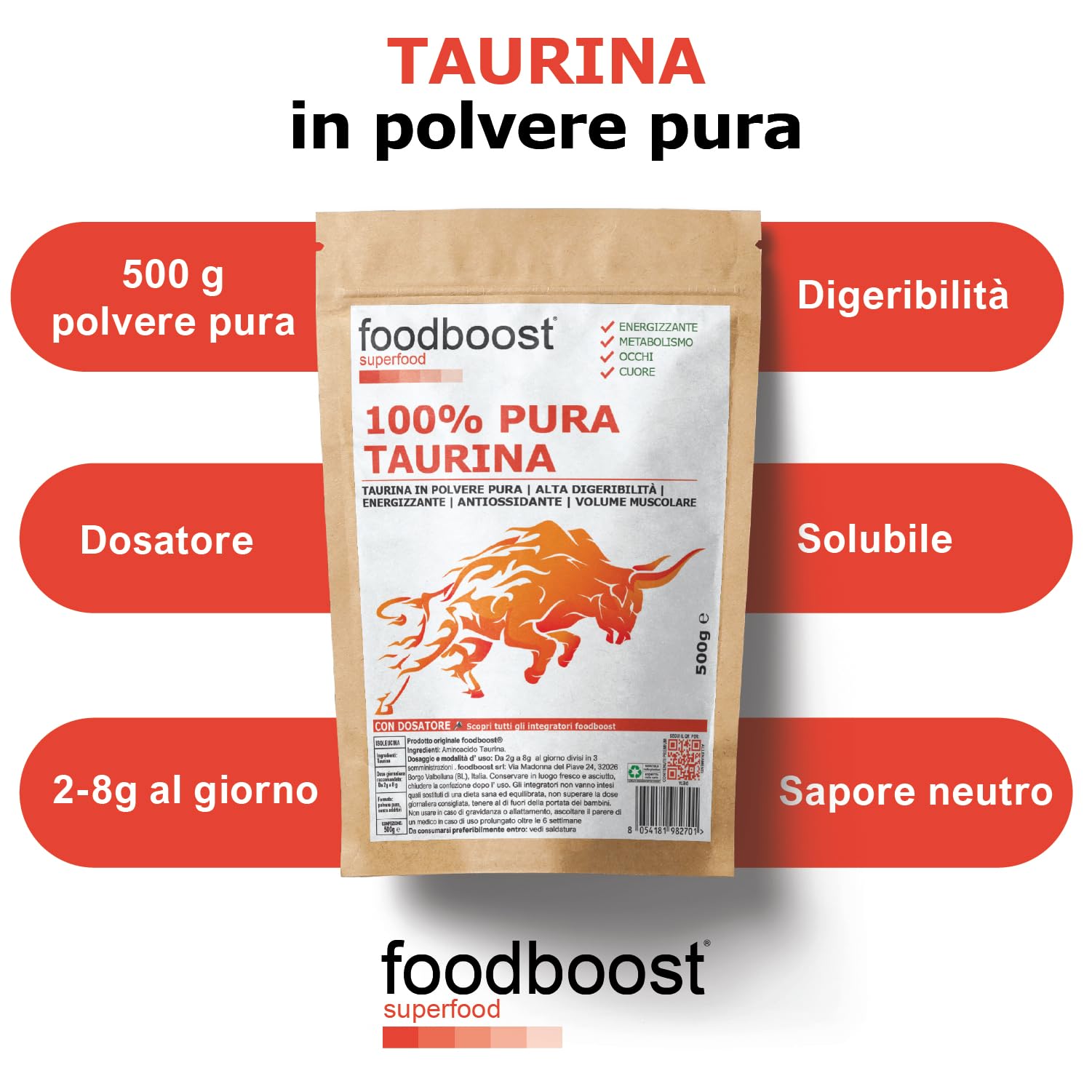 Taurina pura in polvere 500 g foodboost - Ø additivi, dosatore - ipertrofia muscolare - libido - vista, marchio di fiducia italiano, integratore taurina pre workout/post workout - 500 DOSI