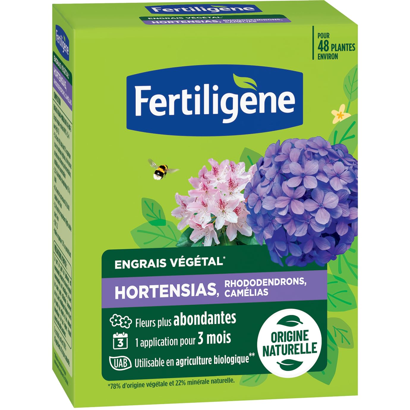 FERTILIGENE FEGHOR12 - Engrais Végétal Hortensias, Rhododendrons, Camélias 1,2 kg - Fleurs plus abondantes -Seulement 1 application en 3 mois -Jusqu'à 48 plantes - Produit 100% naturel avec zéolite