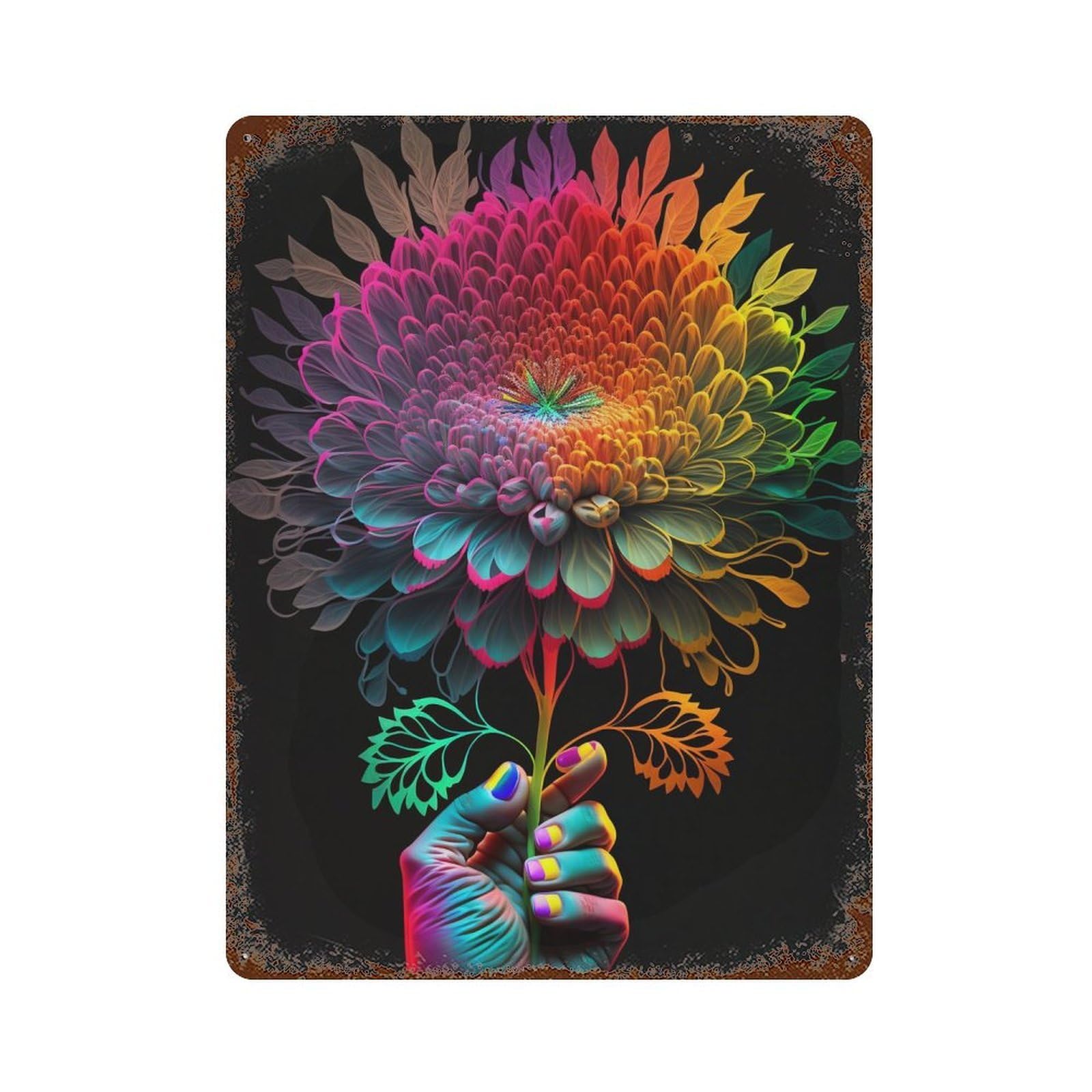 Colorful Rainbow Flower Art 15.7"x11.8" Distressed Metal Wall Sign, Shabby Chic Decor for Shed, Workshop And Garage Wall Decor