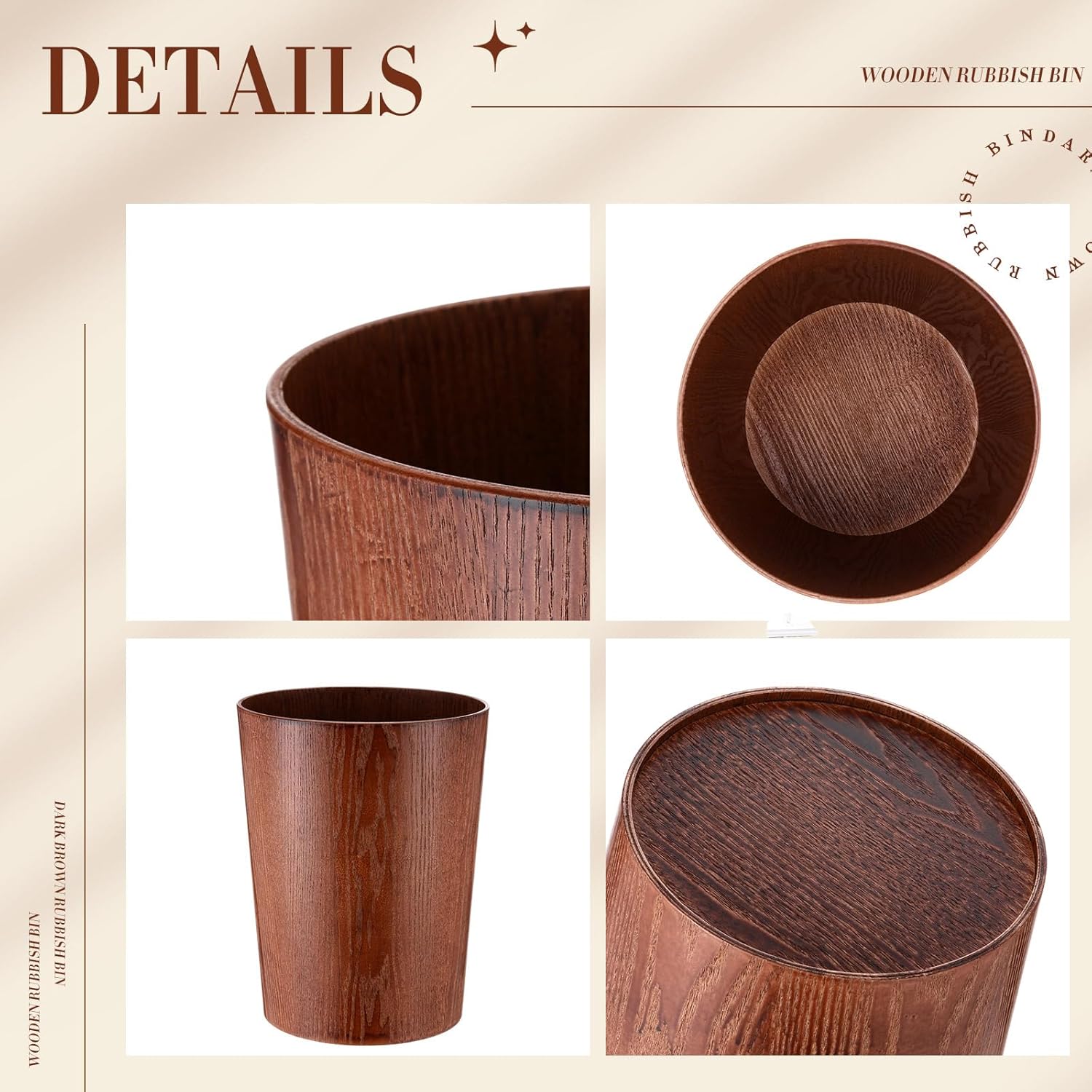 2 Pack 2.3 Gallons Wood Trash Can Wastebasket Natural Wood Round Wastebasket Small Trash Bin for Home, Office Under Desk, Kitchen, Bedroom, Hotel, Room(Dark Brown,Flat)