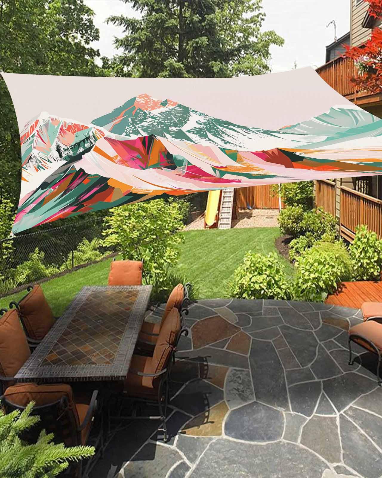 Green Orange Sun Sail Shades Rectangle Canopy,Sunlight Block Heavy Duty Curved Backyard Shade Cover,Waterproof Sun Shades for Patios Garden Outdoor,12'x16' Abstract Mountains Range Modern Painted Art