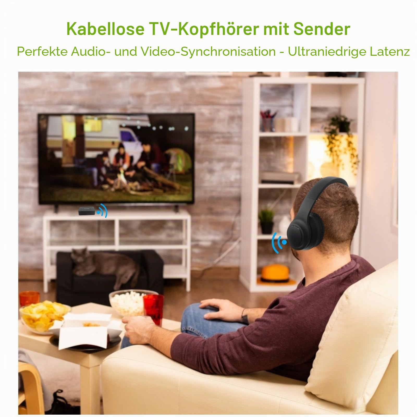 Kabellose TV-Kopfhörer mit Sender, Geräuschunterdrückung Kabellose TV-Kopfhörer für Senioren, HD-Stereo-Sound Bluetooth-Fernseh-Headset, Keine Audioverzögerung, 30 Stunden Spielzeit, Plug-and-Play