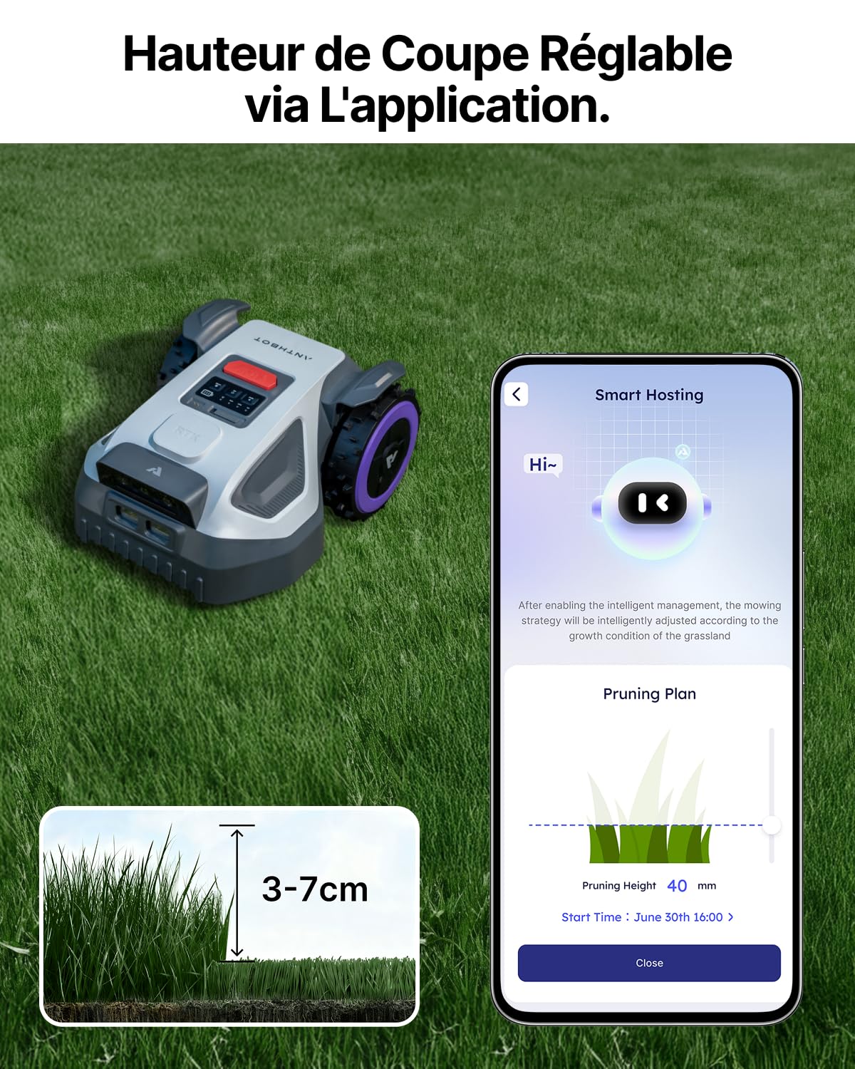 ANTHBOT M9 Robot Tondeuse, RTK&4G, Gestion Zones, Programmation, Hauteur Coupe 3-7 cm, 1000m² (1200m² Max)
