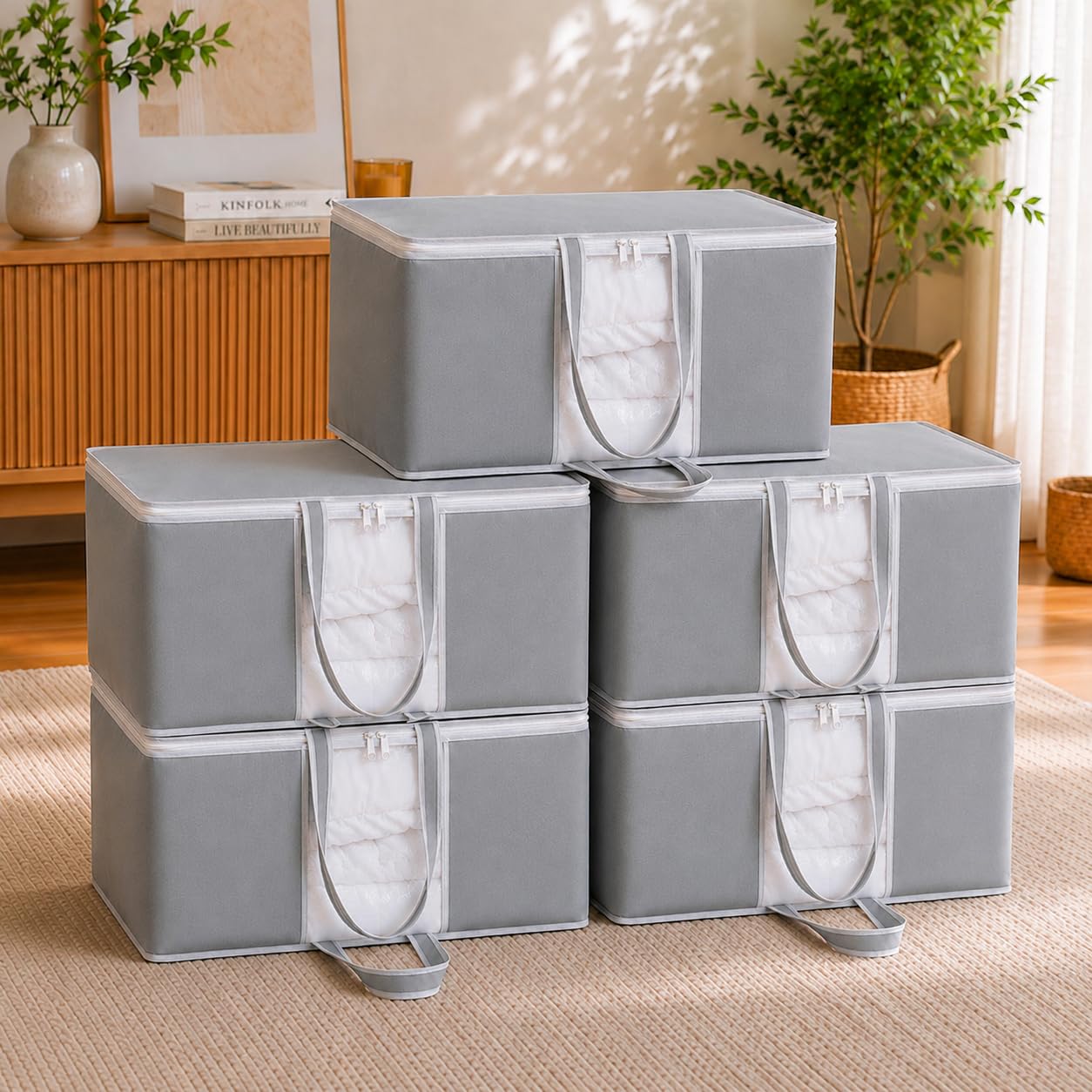 HomeStrap Non Woven Underbed Storage Bag With Front Handle (Grey) -Pack Of 5, 45.7 Centimeters, 30.5 Centimeters