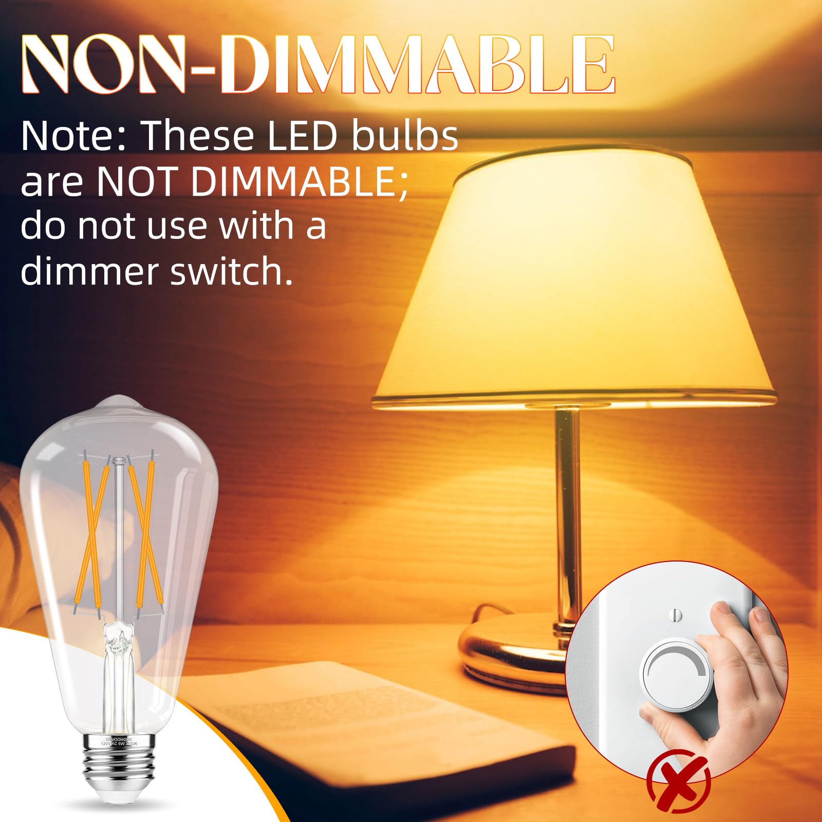 GvvooHome Bombillas Edison, bombilla LED E26 equivalente a 60 W, no regulable, 2700 K blanco cálido, bombillas vintage ST58, CRI 90+, base media E26, vidrio transparente, paquete de 6
