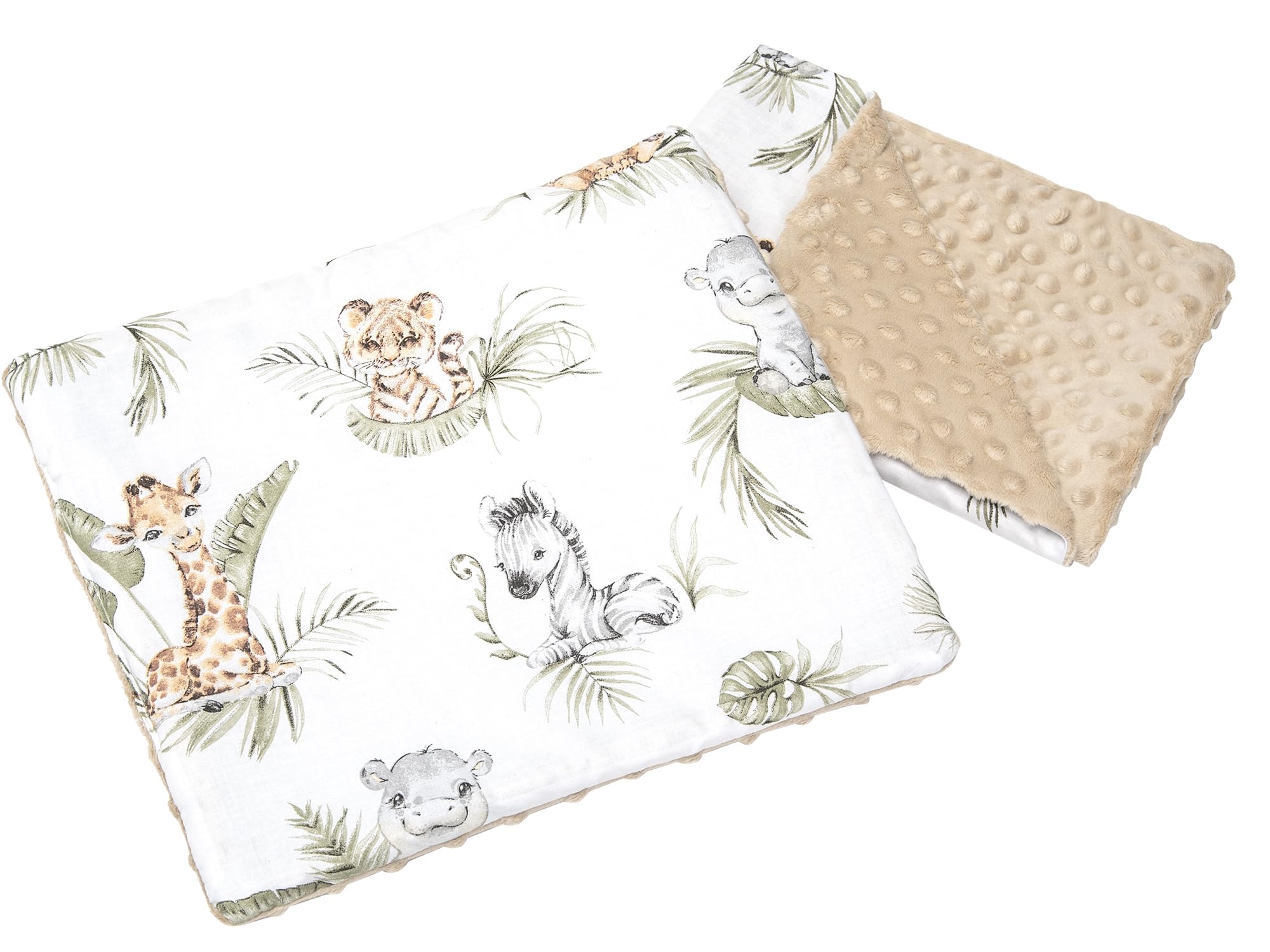 Medi Partners Baby Blanket Crawling Blanket with Pillow 100% Cotton Minky Children's Blanket 55 x 75 + 35 x 30 cm Multifunctional for Pushchairs Baby Seat Cradle (Safari with Beige Minky)