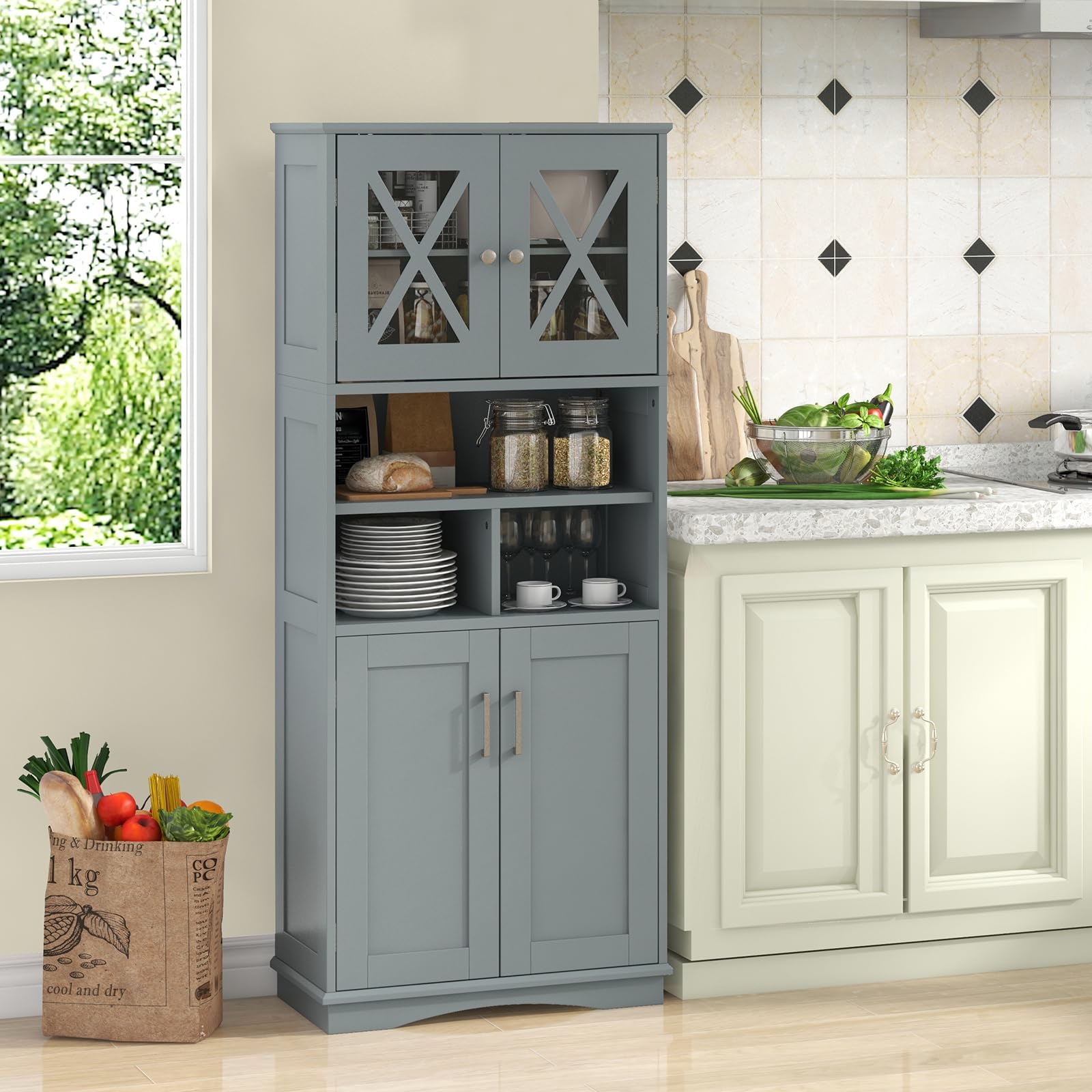 COSTWAY Mobile Bagno, Armadietto Salvaspazio con Porte in Acrilico, Ripiani Regolabili e Ampio Scomparto, Armadio da Terra in Legno per Soggiorno, Camera da Letto, Salotto e Cucina (Grigio)
