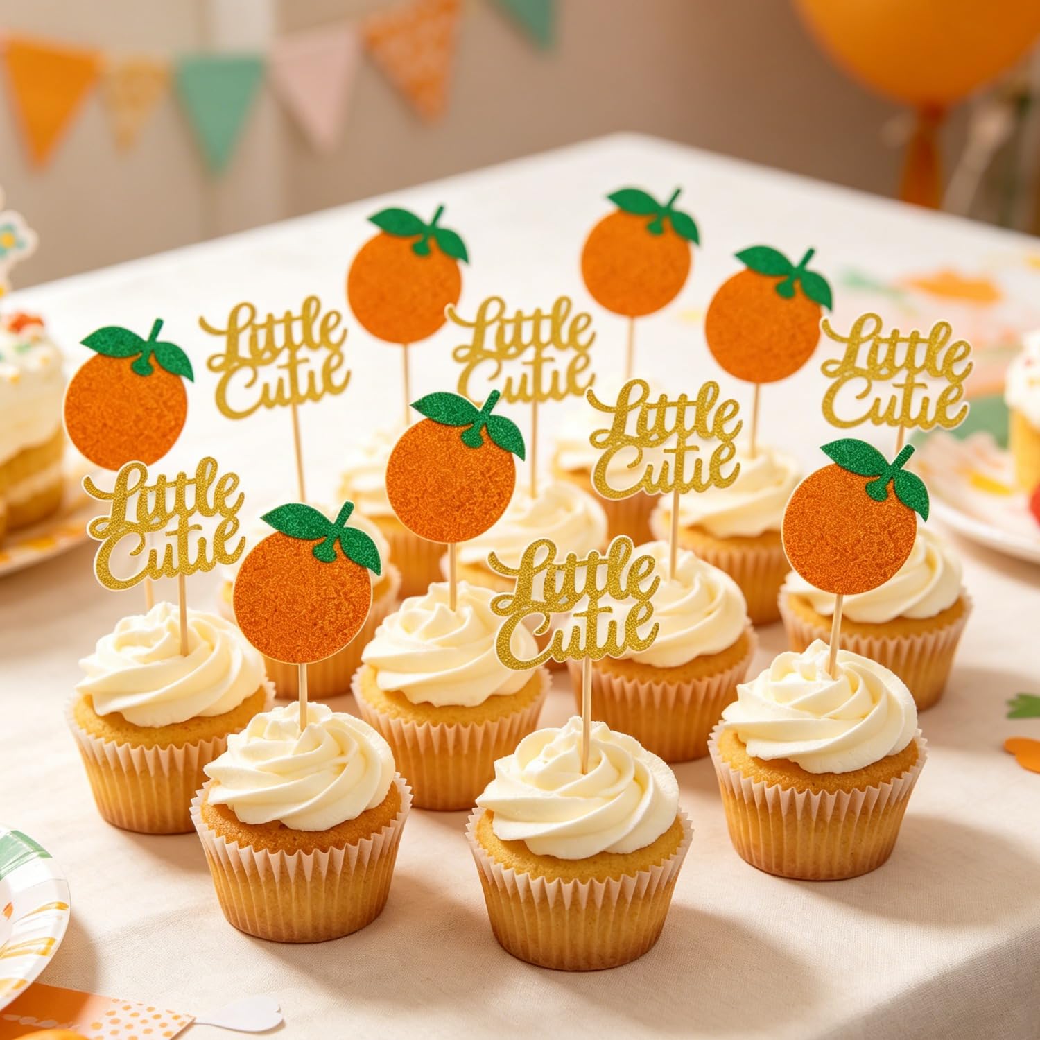 Little Cutie Orange Cupcake Toppers, 12Pcs Glitter Picks for Party, First Birthday, Dessert Table & Baking Decor, Fall Harvest Party Supplies